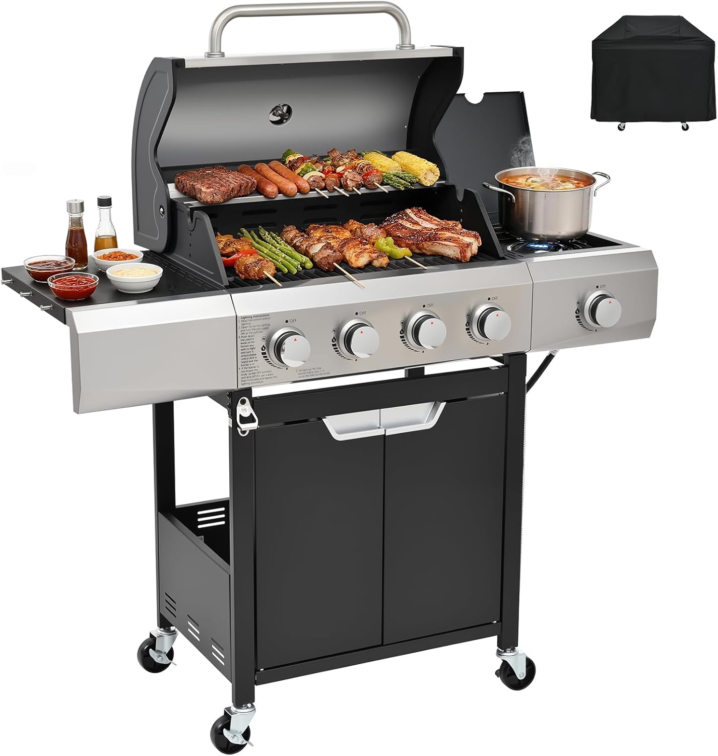 40,500 BTU 3-Burner Propane Gas Grill with Side Burner,Stainless Steel Outdoor BBQ Grill Portable with Wheels and Cast Iron Grates for Patio Garden Barbecue Cooking