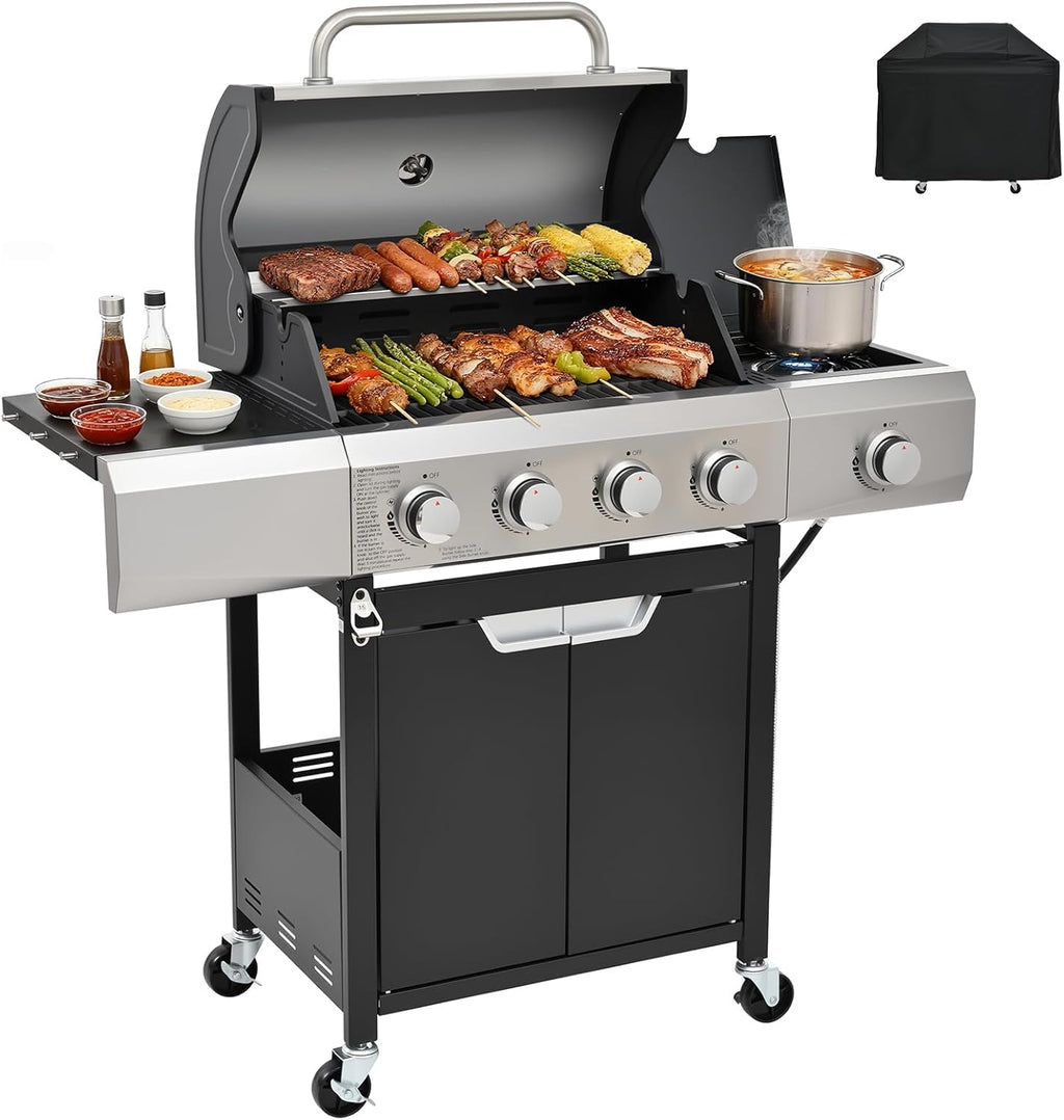 Stainless Steel 3-Burner Gas Grill, 25650 BTU Outdoor BBQ Grill with Side Table, 338 sq.in Cooking Area, Perfect for Patio, Deck & Family Barbecues