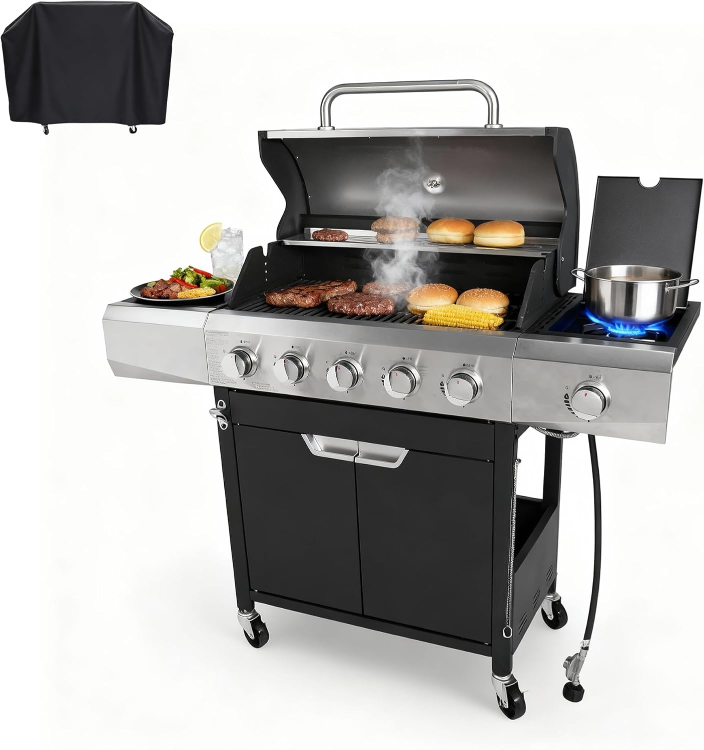 Endark 5-Burner 58,500 BTU Outdoor Propane Gas Grill with Side Burner, Stainless Steel & Porcelain Grates, Wheeled BBQ Grill for Patio, Garden, Backyard