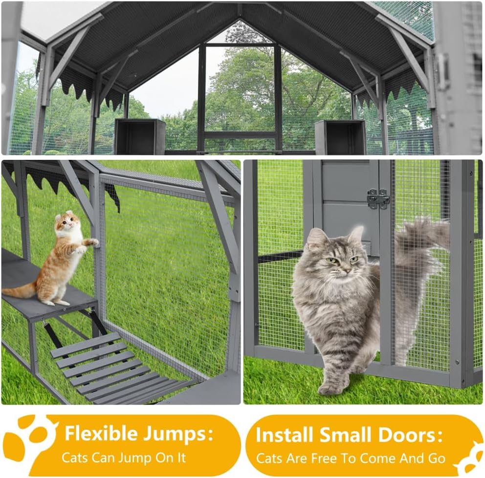 Large Outdoor Cat Enclosure with Weatherproof Roof and Multiple Levels for Cats to Play and Rest Safely in Backyard or Garden