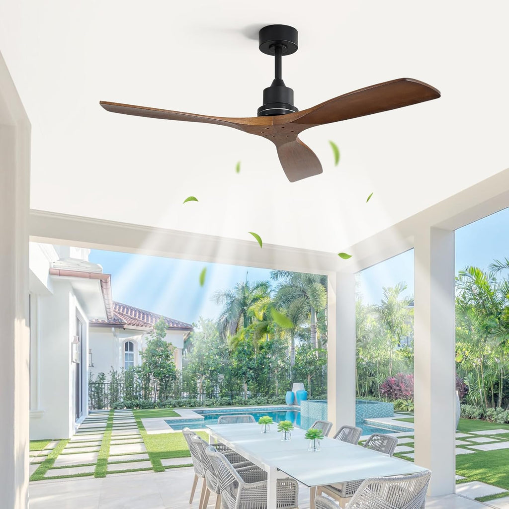 Ceiling Fan no Lights, 52 Inch Low Profile Flush Mount Modern Wood Ceiling Fan with Remote for Indoor Farmhouse Bedroom Living Room Outdoor Patio Porch, Reversible DC Motor, Noiseless