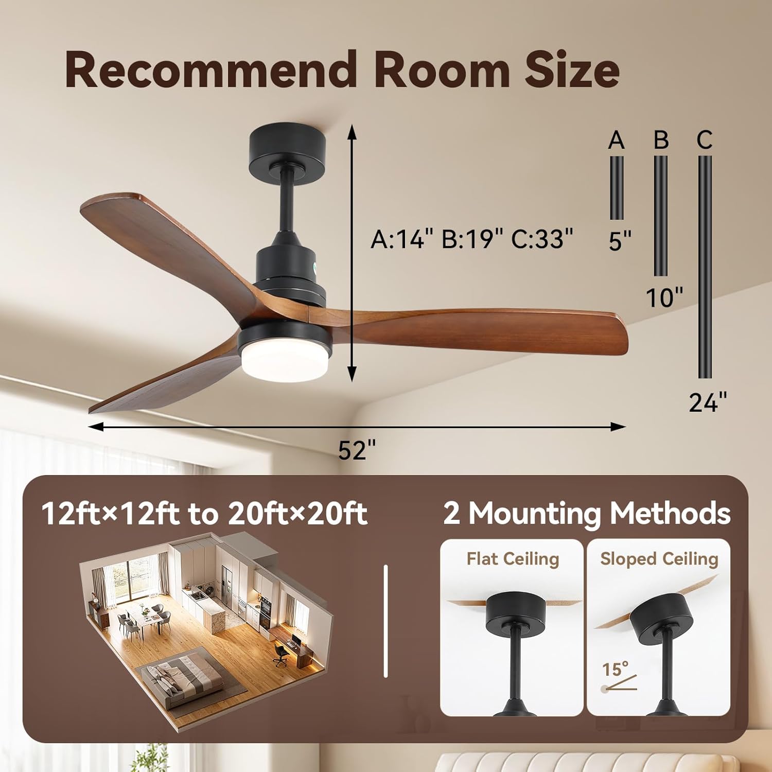 Sofucor 52 inch Solid Wood Ceiling Fan with Light, Quiet 6-Speed 3 Blades Reversible LED Ceiling Fan, Farmhouse Rustic Fan with Dimmable Light for Living Room Bedroom Home Office Cafe Patio Porch