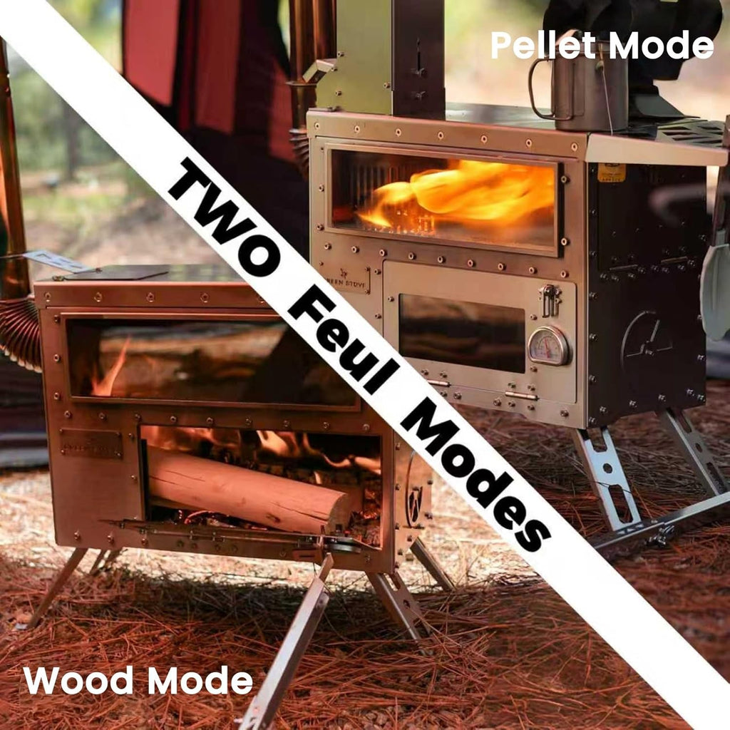 Outdoor Camping Stove with Oven, Multi-Fuel Tent Stove Compatible with Wood or Pellets, Portable Stove with Chimney Pipes for Outdoor Use Only（Model: GreenStovehori 5 Max）