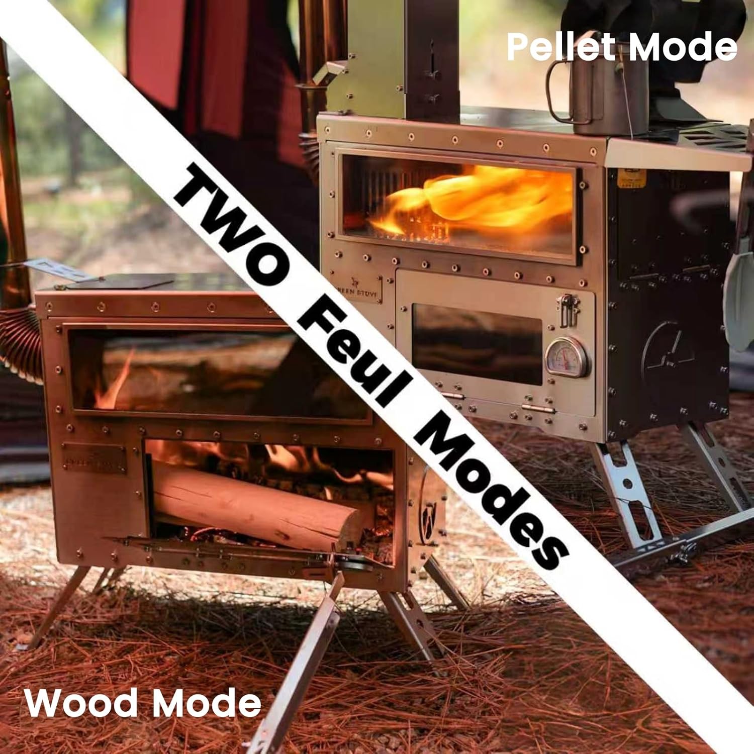 Outdoor Camping Stove with Oven, Multi-Fuel Tent Stove Compatible with Wood or Pellets, Portable Stove with Chimney Pipes for Outdoor Use Only（Model: GreenStovehori 5 Max）