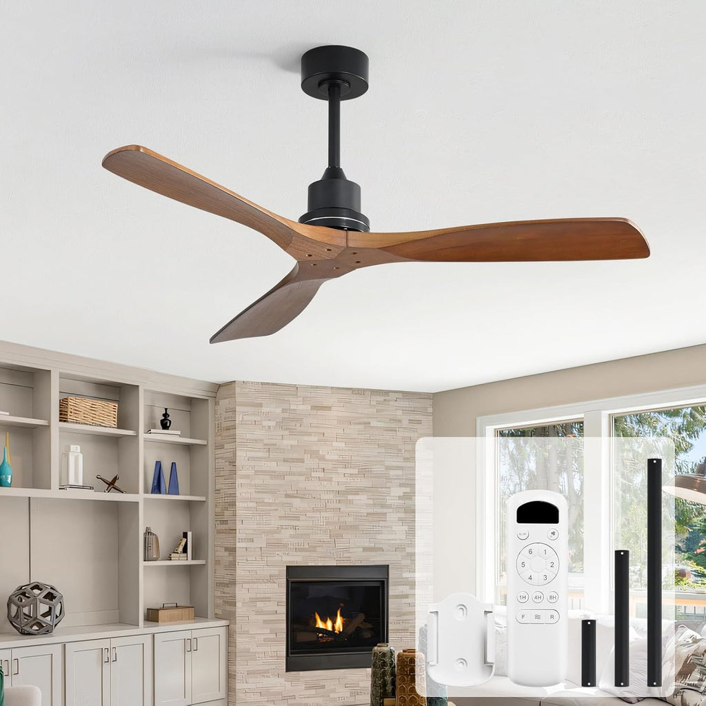 Ceiling Fan no Lights, 52 Inch Low Profile Flush Mount Modern Wood Ceiling Fan with Remote for Indoor Farmhouse Bedroom Living Room Outdoor Patio Porch, Reversible DC Motor, Noiseless