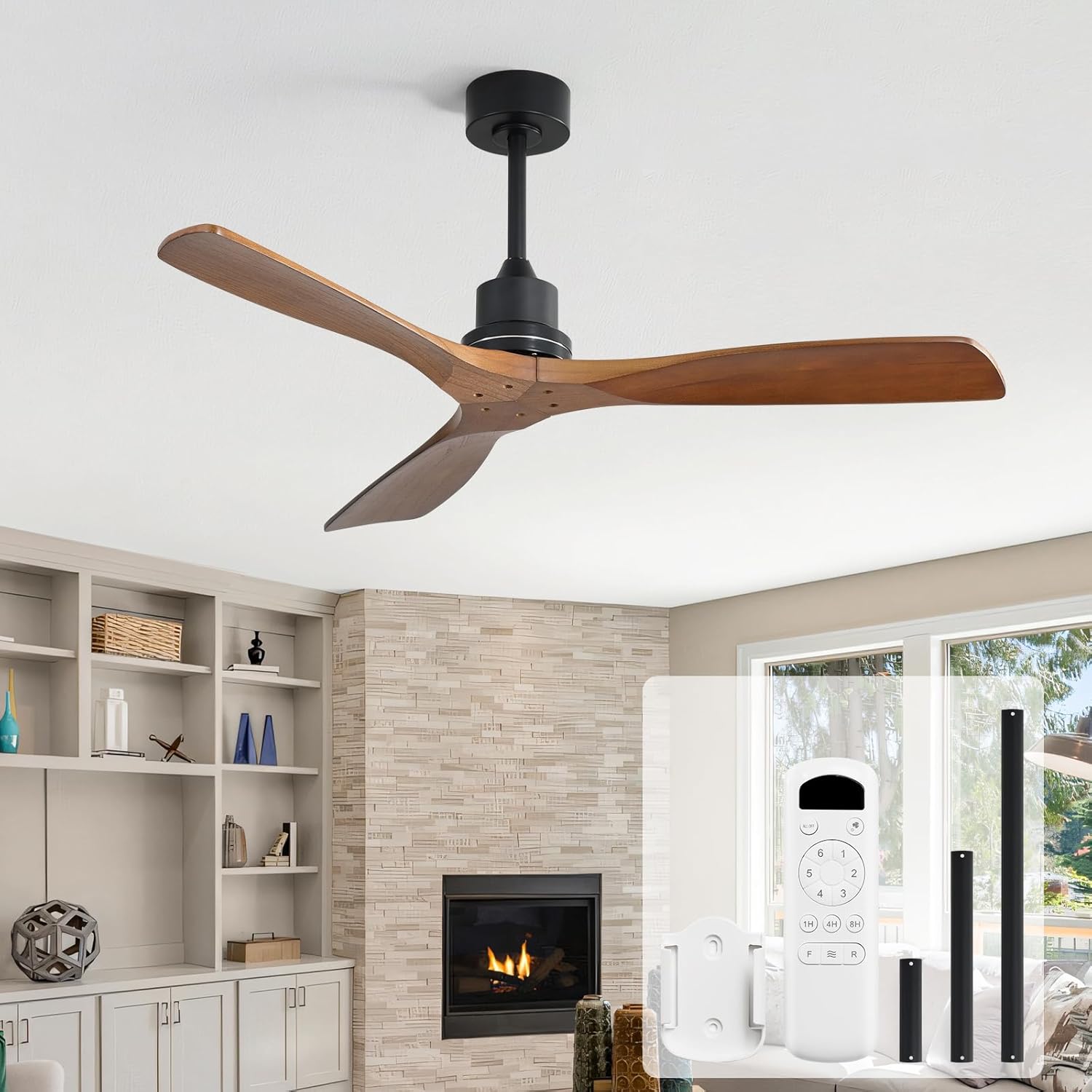 Ceiling Fan no Lights, 52 Inch Low Profile Flush Mount Modern Wood Ceiling Fan with Remote for Indoor Farmhouse Bedroom Living Room Outdoor Patio Porch, Reversible DC Motor, Noiseless