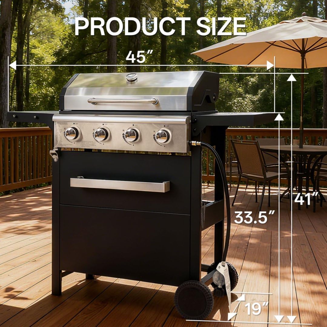 4-Burner Propane Gas Grill, 304 Stainless Steel Propane Grill 27,000 BTU, Multifunction Outdoor BBQ Grill, Patio Garden Barbecue Grill with a dust cover