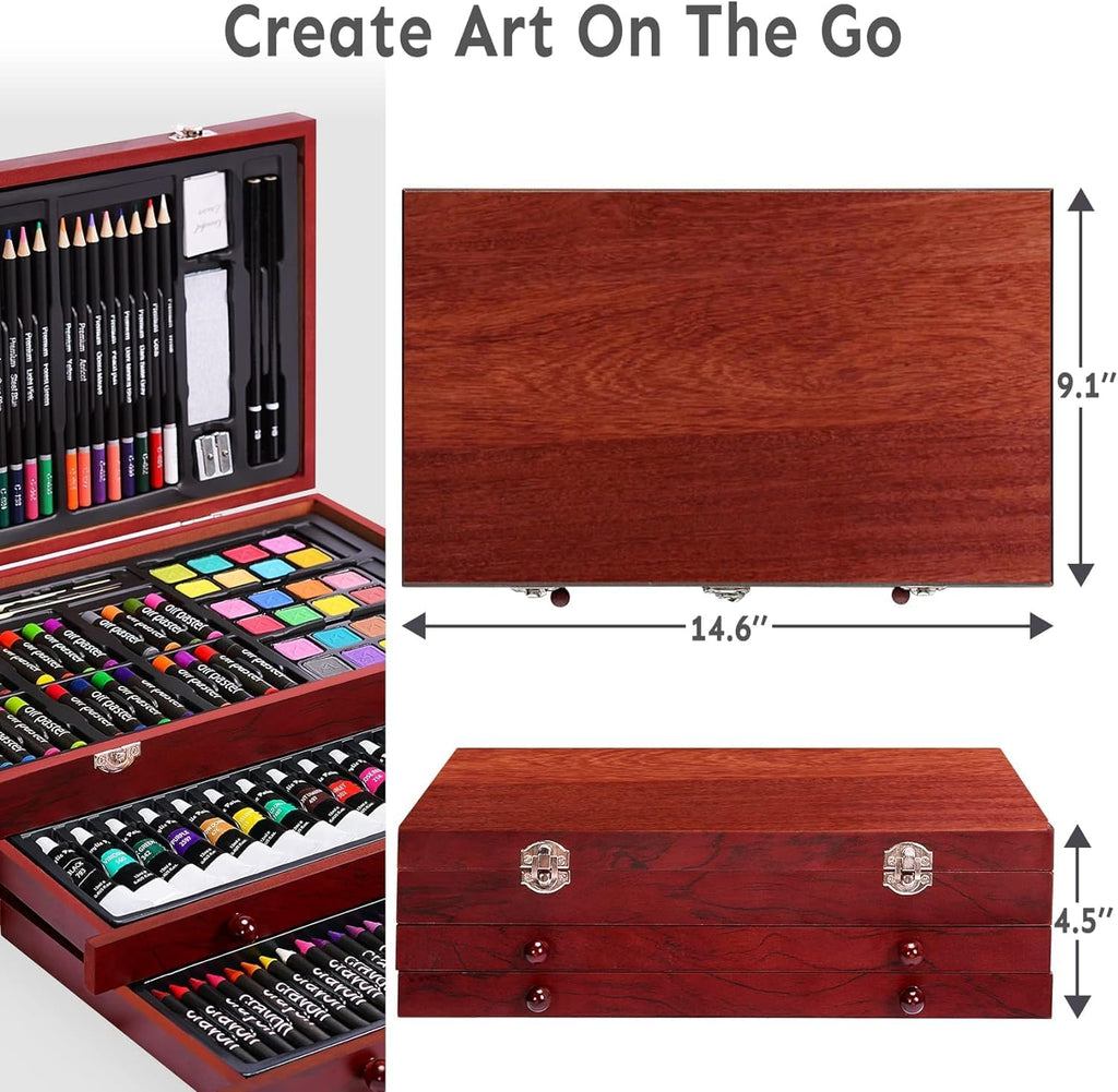 Deluxe Art Set with 2 Drawing Pads, Crayons, Acrylic Paints, Colored Pencils Set in Wooden Case, Professional Art Kit for Adults, Artist and Teens, Paint Supplies