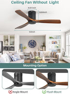 Sofucor 52 Inch Solid Wood Ceiling Fan Without Lights Flush Mount Ceiling Fan with Remote Control-Wood Blades Modern Outdoor Ceiling Fans No Light for Bedroom/Farmhouse/Patio/Indoor, Brown Black