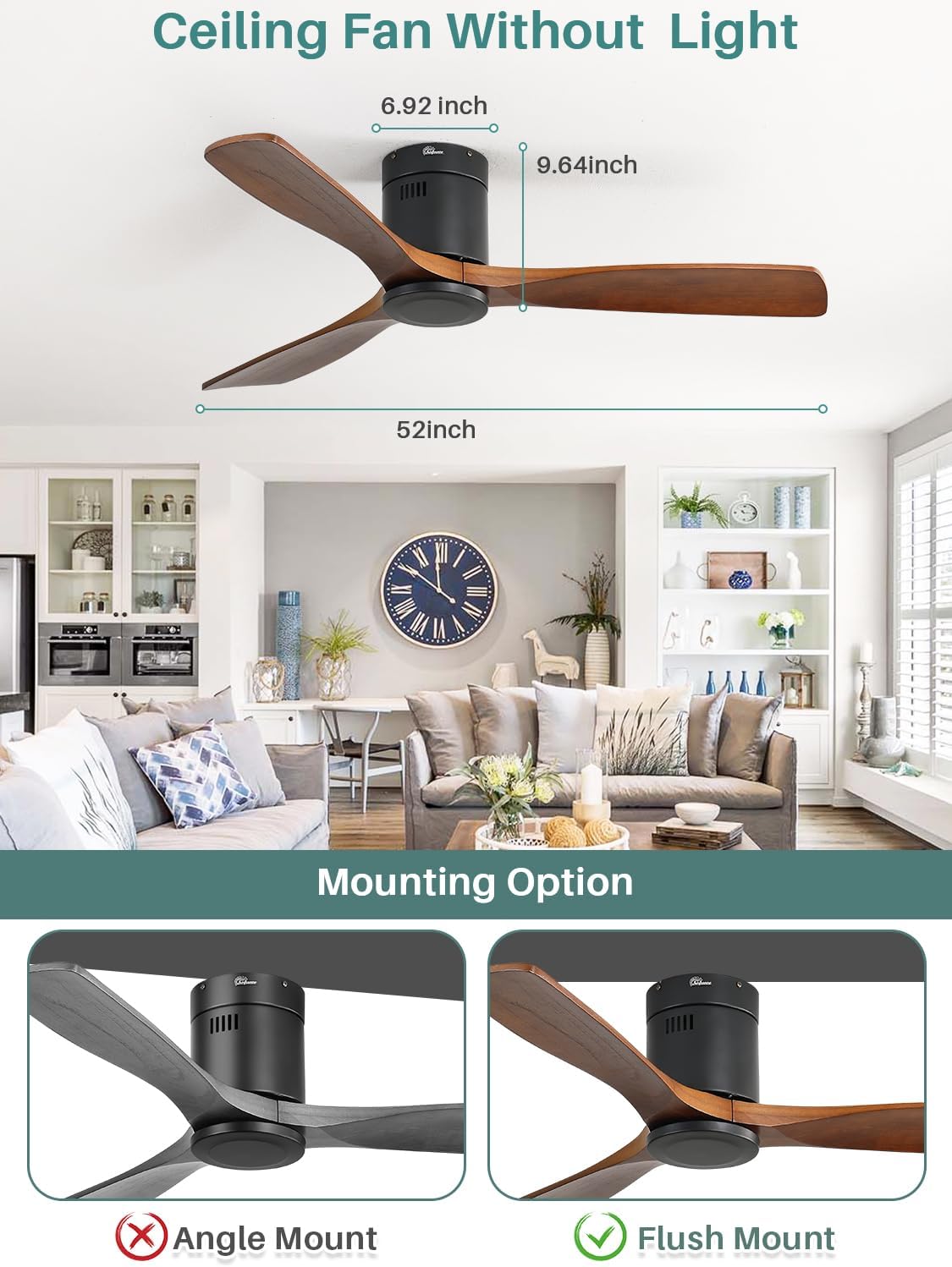 Sofucor 52 Inch Solid Wood Ceiling Fan Without Lights Flush Mount Ceiling Fan with Remote Control-Wood Blades Modern Outdoor Ceiling Fans No Light for Bedroom/Farmhouse/Patio/Indoor, Brown Black