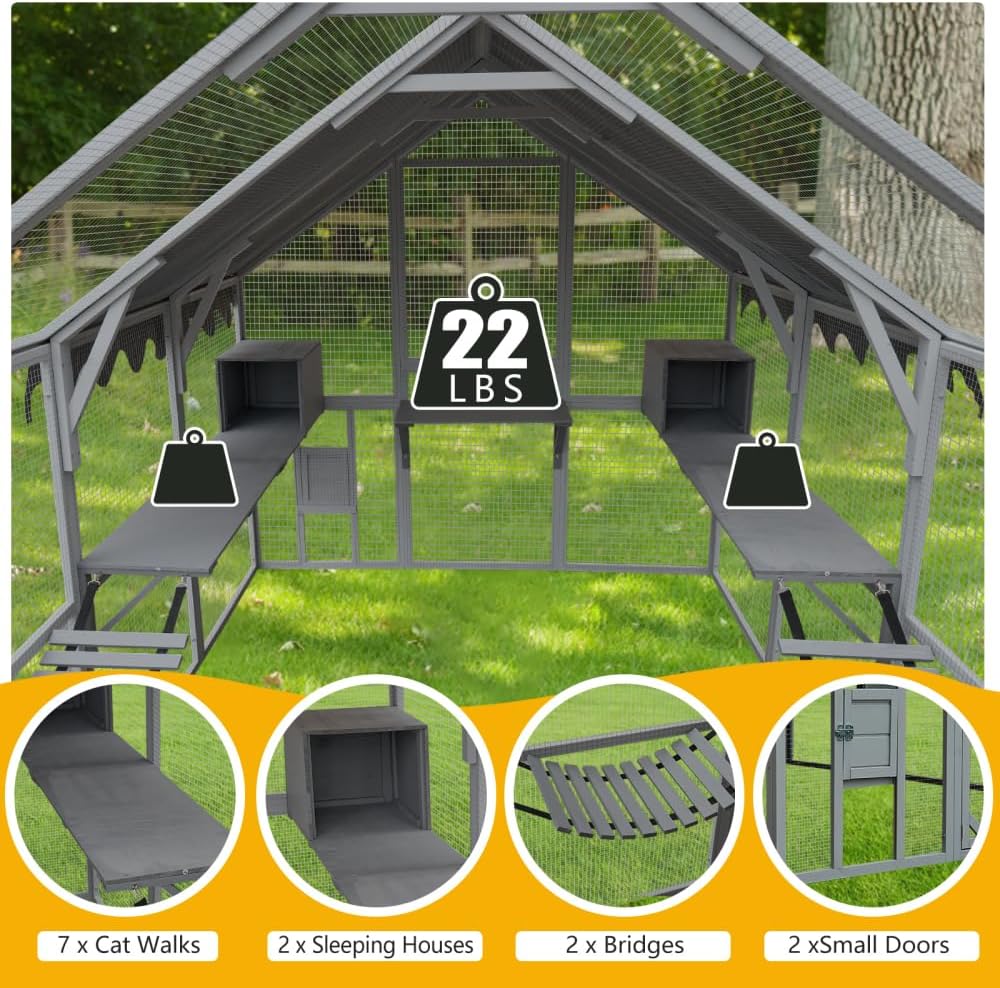 Large Outdoor Cat Enclosure with Weatherproof Roof and Multiple Levels for Cats to Play and Rest Safely in Backyard or Garden