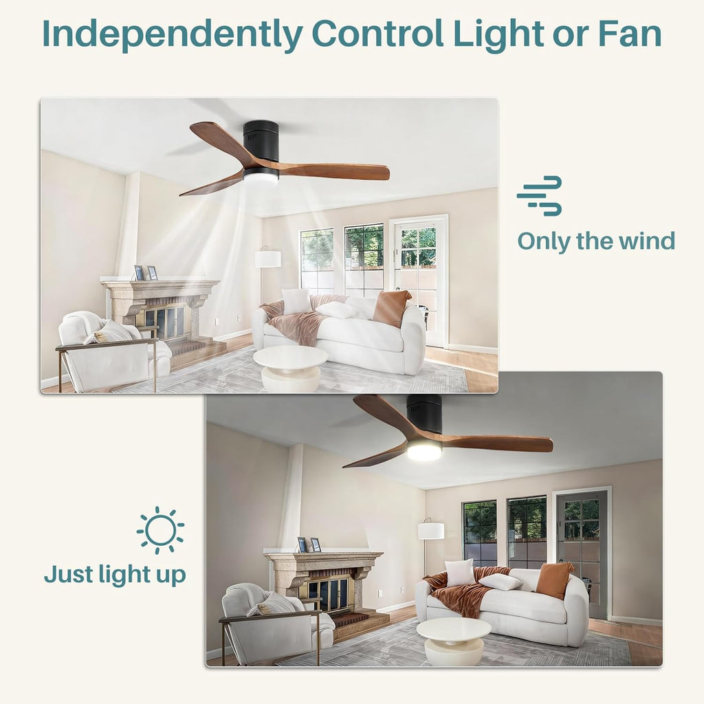 Sofucor Ceiling Fans with Lights 52 Inch Flush Mount Ceiling Fan with Remote Control, Wood Blades Modern Outdoor Ceiling Fans for Bedroom/Farmhouse/Patio/Indoor, Quiet DC Motor