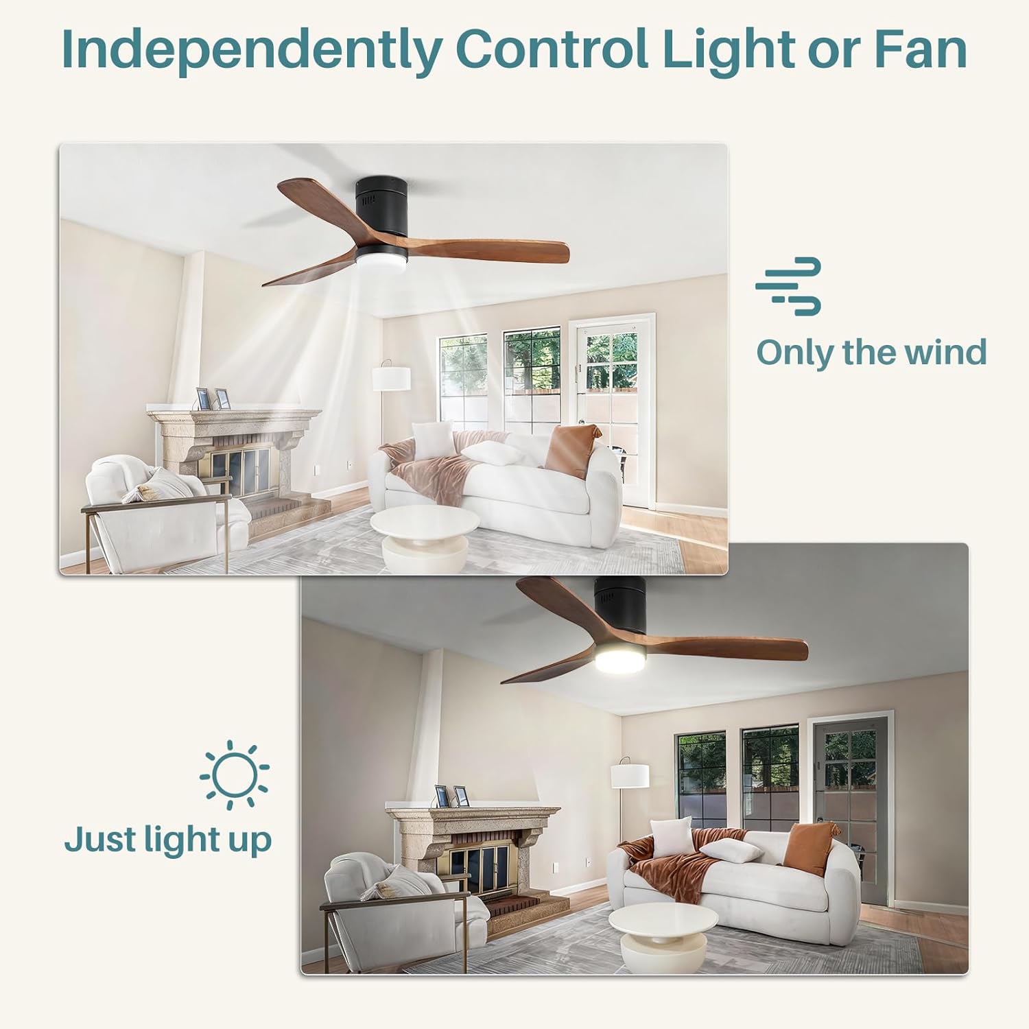 Sofucor Ceiling Fans with Lights 52 Inch Flush Mount Ceiling Fan with Remote Control, Wood Blades Modern Outdoor Ceiling Fans for Bedroom/Farmhouse/Patio/Indoor, Quiet DC Motor