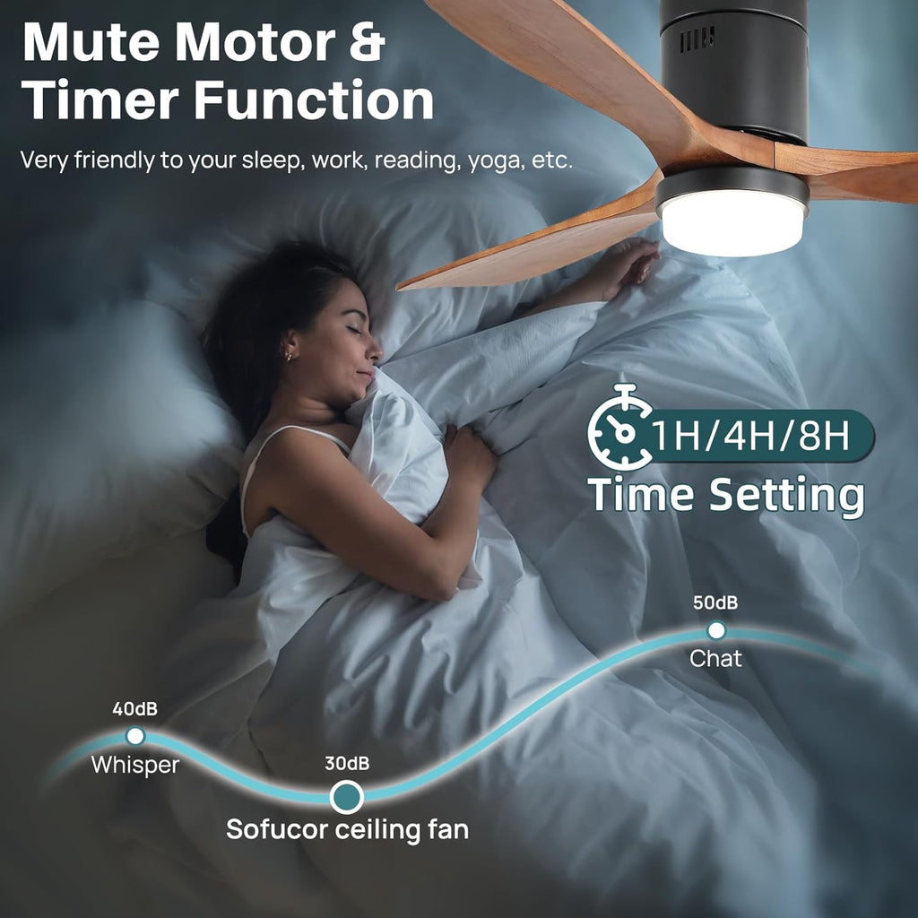 Sofucor Ceiling Fans with Lights 52 Inch Flush Mount Ceiling Fan with Remote Control, Wood Blades Modern Outdoor Ceiling Fans for Bedroom/Farmhouse/Patio/Indoor, Quiet DC Motor