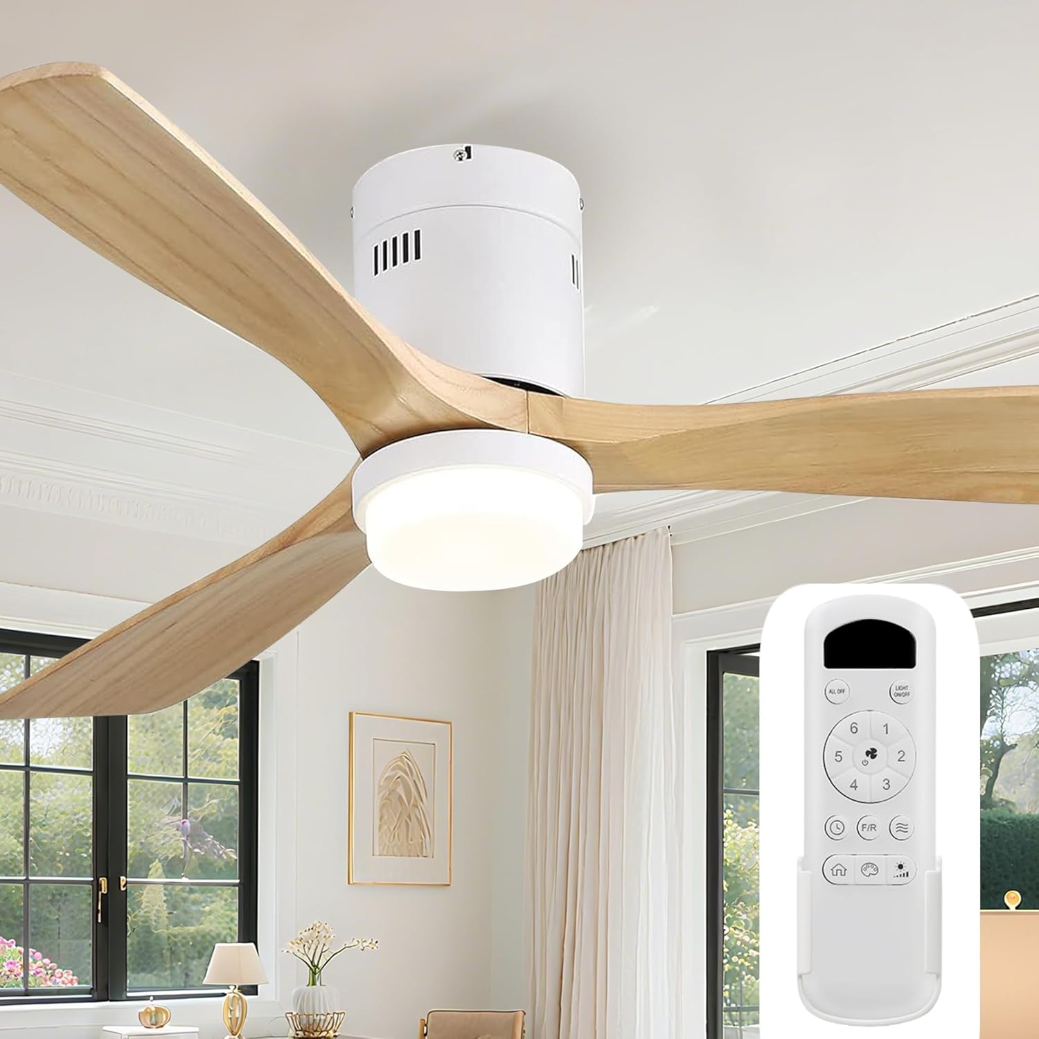 Sofucor Ceiling Fans with Lights 52 Inch Flush Mount Ceiling Fan with Remote Control, Wood Blades Modern Outdoor Ceiling Fans for Bedroom/Farmhouse/Patio/Indoor, Quiet DC Motor