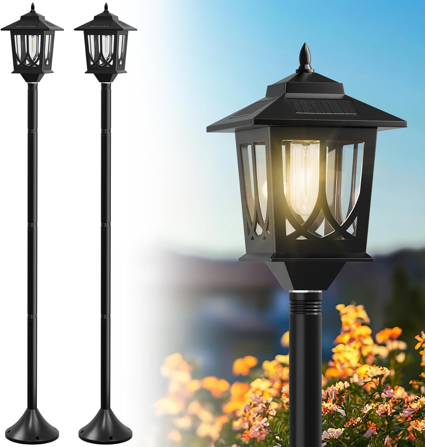 63" Solar Lamp Post Light 2 Pack, Solar Light Posts for Outside Waterproof, Outdoor Lamps for Patio, Backyard, Front Porch Decor, Warm White, Replaceable Bulb