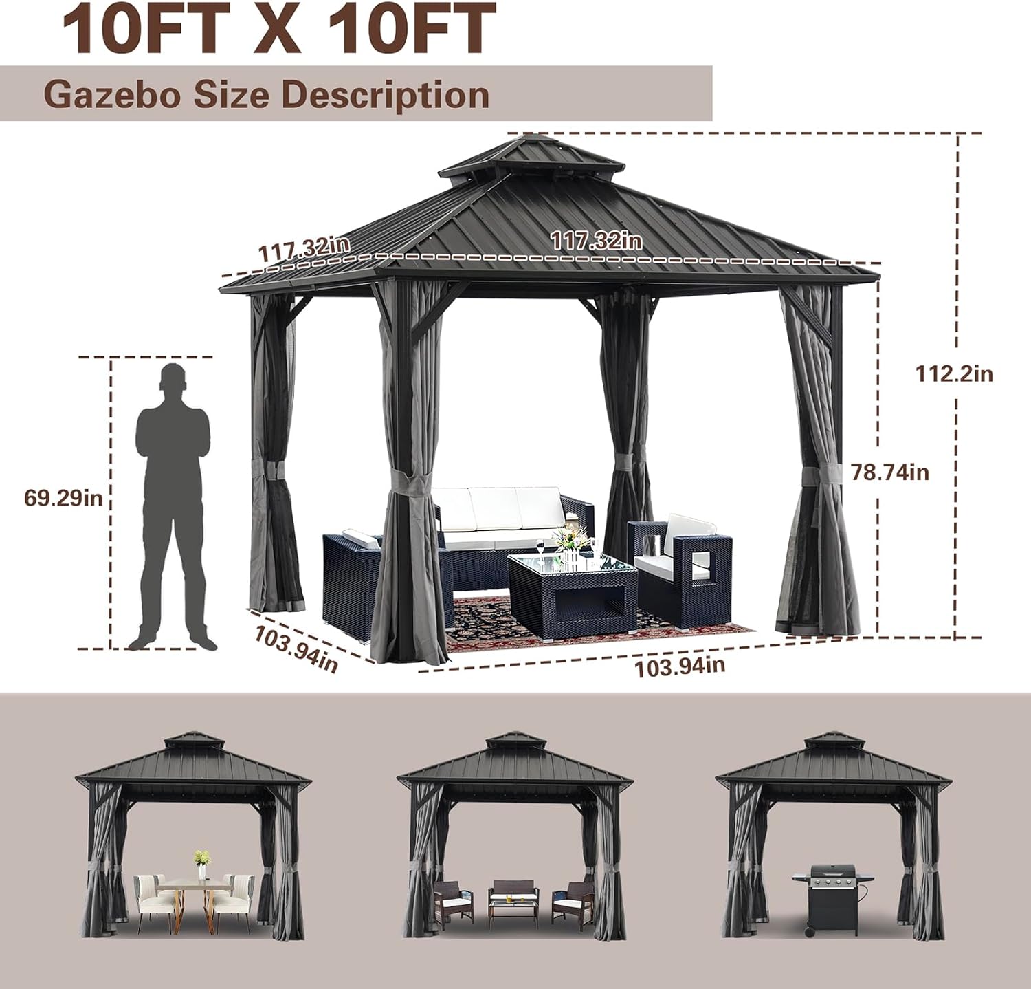 10 * 10FT Gazebo with Galvanized Steel Double Top Canopy