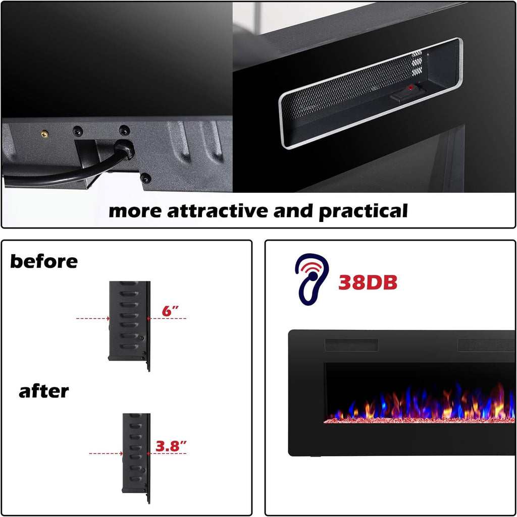 R.W.FLAME 36 inch Recessed and Wall Mounted Electric Fireplace, Ultra Thin ad Low Noise, Fit for 2 x 4 and 2 x 6 Stud, Remote Control with Timer,Touch Screen,Adjustable Flame Color and Speed