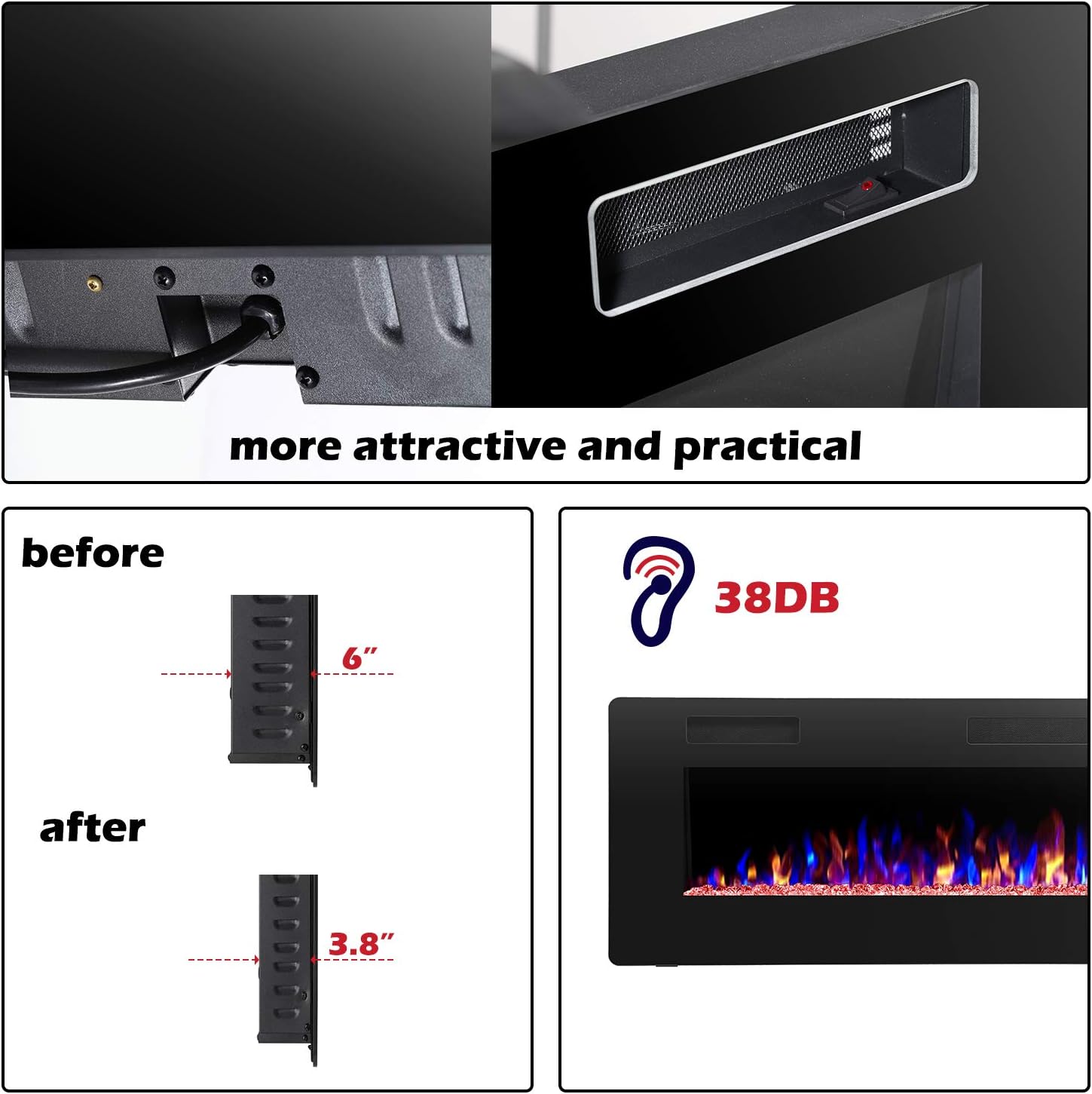 R.W.FLAME 36 inch Recessed and Wall Mounted Electric Fireplace, Ultra Thin ad Low Noise, Fit for 2 x 4 and 2 x 6 Stud, Remote Control with Timer,Touch Screen,Adjustable Flame Color and Speed
