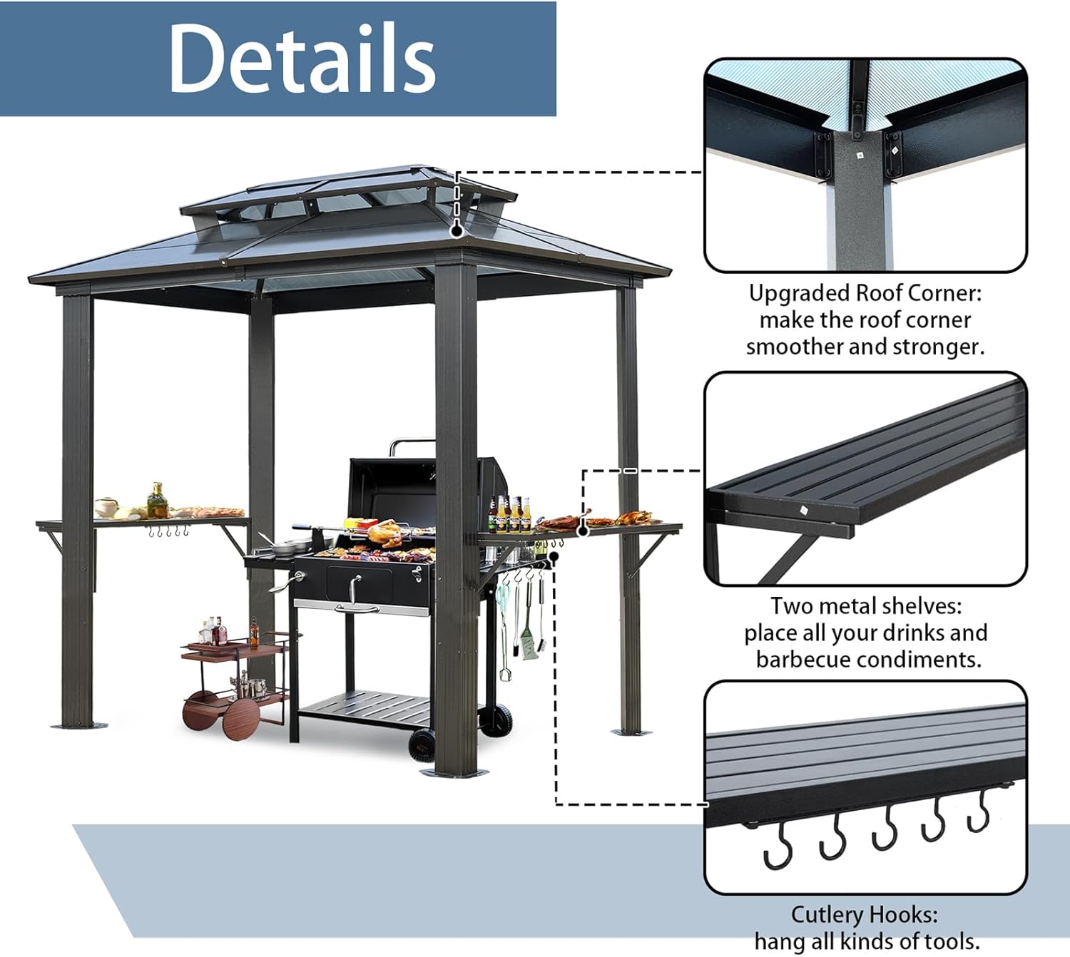 Endark 8'x5' Grill Hardtop Polycarbonate Gazebo with Double Roof
