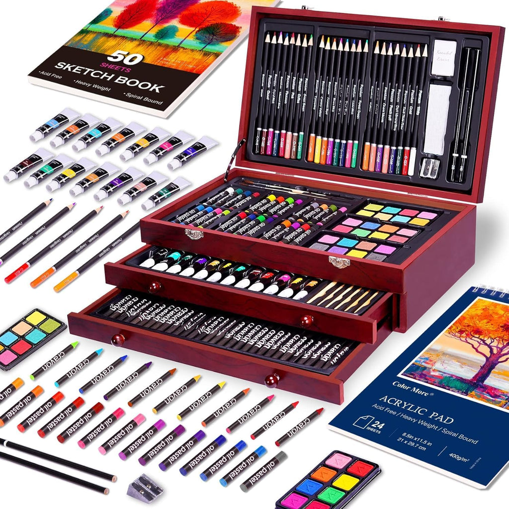 Deluxe Art Set with 2 Drawing Pads, Crayons, Acrylic Paints, Colored Pencils Set in Wooden Case, Professional Art Kit for Adults, Artist and Teens, Paint Supplies