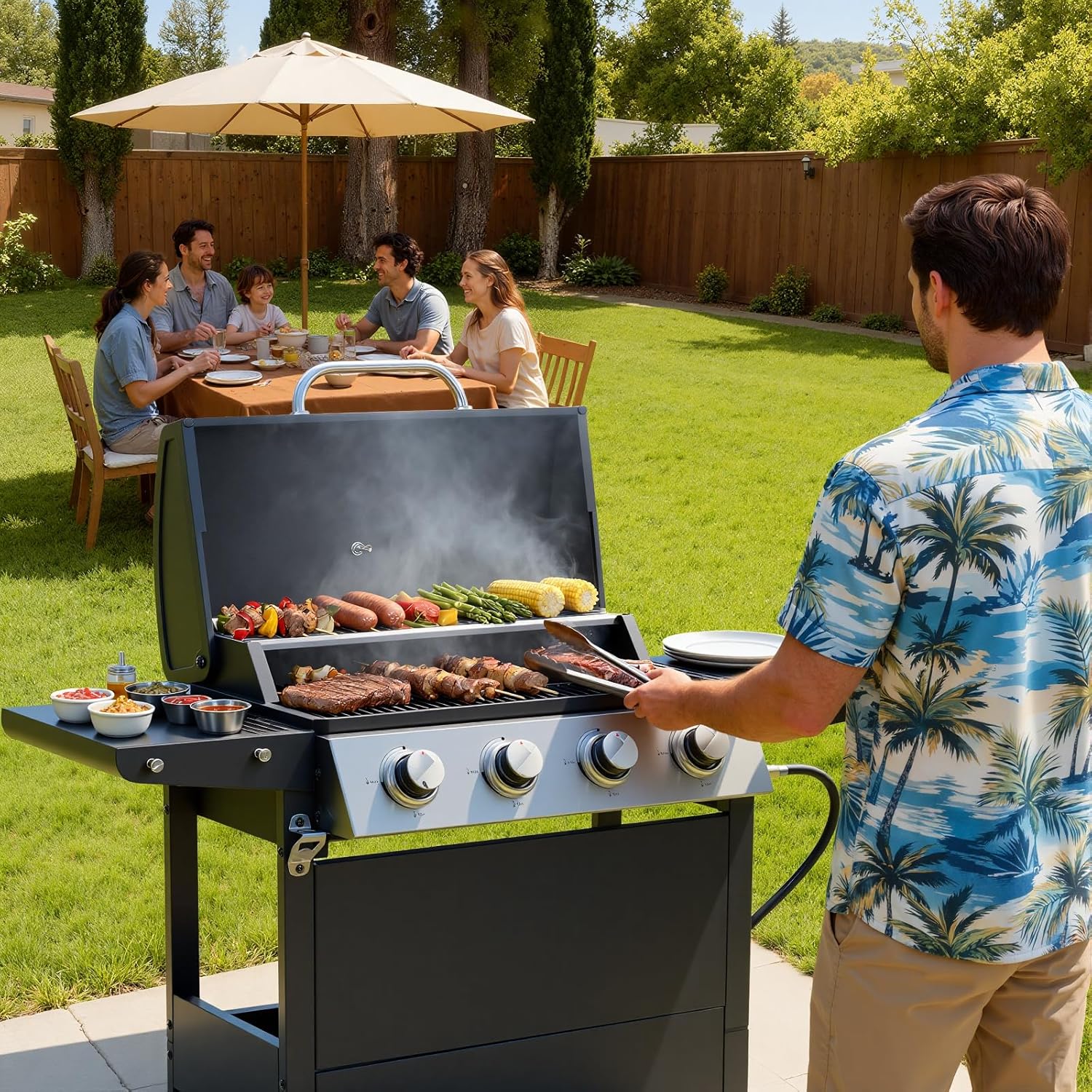 4-Burner Gas Grill with Side Burner & Cover, 51000 BTU Stainless Steel Outdoor BBQ Grill, 452 sq.in Cooking Area, Ideal for Backyard, Patio Large Gatherings
