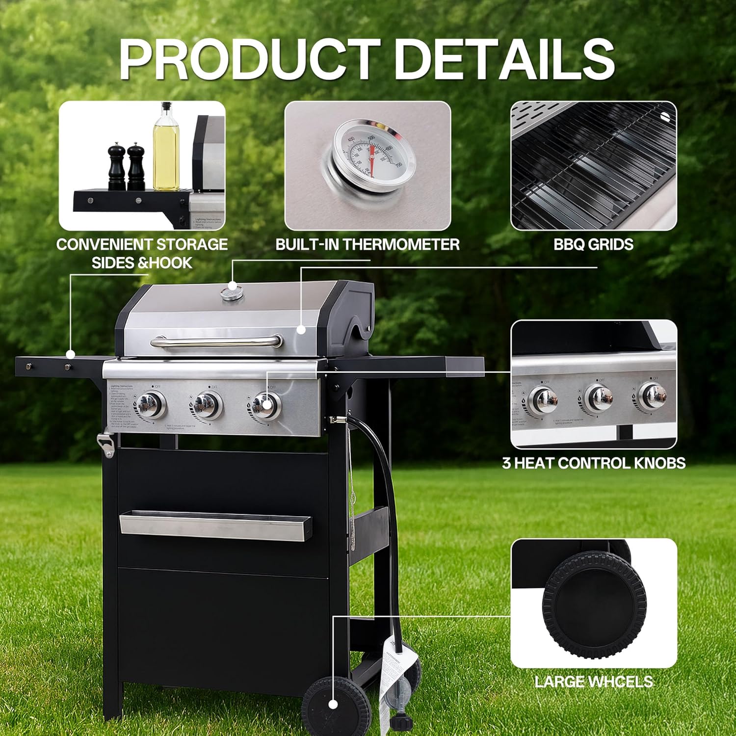 Endark 3-Burner Propane Gas Grill,Heavy Duty Freestanding Outdoor BBQ Barbecue Stainless Steel Lid,Large Cooking Area,Side Shelves &amp; Storage Cabinet,Portable Patio Backyard Camping