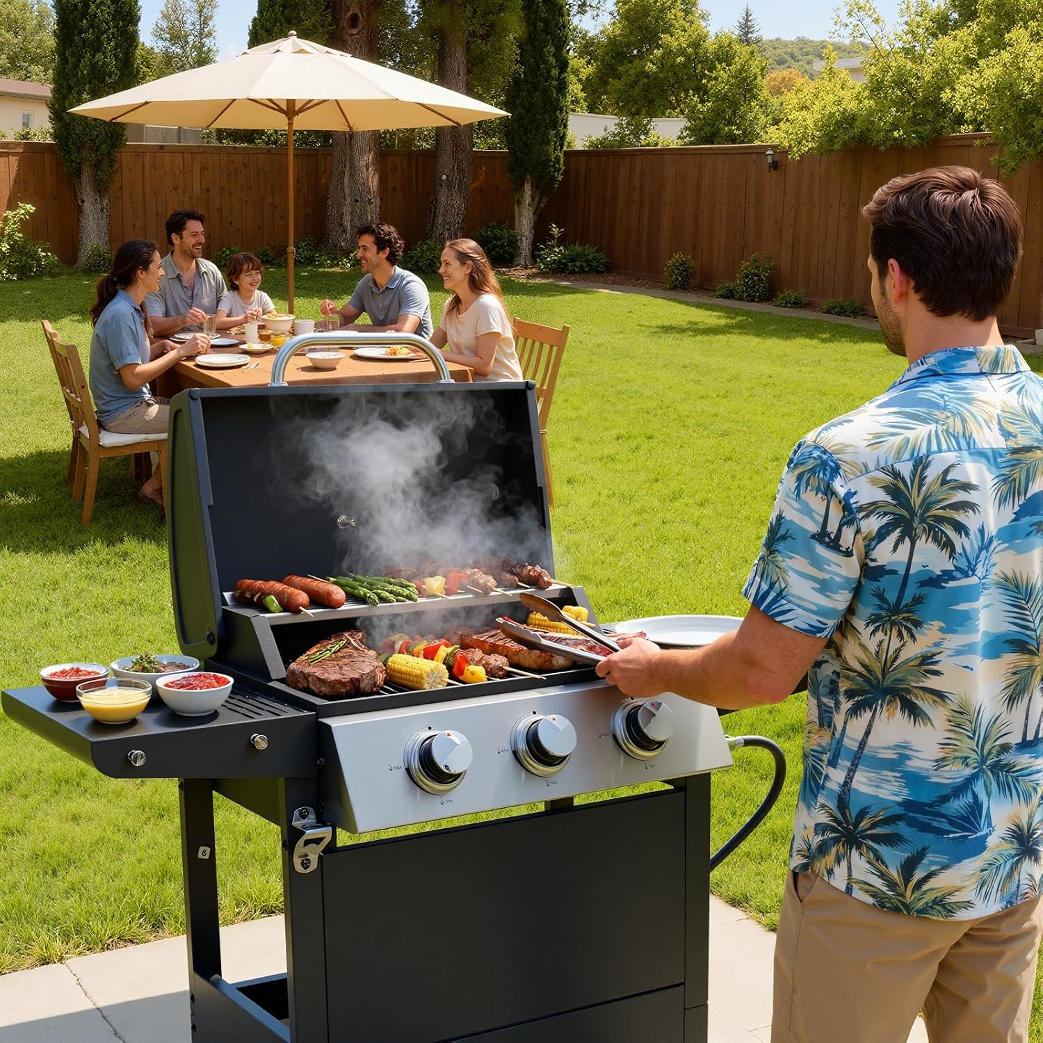 Stainless Steel 3-Burner Gas Grill, 25650 BTU Outdoor BBQ Grill with Side Table, 338 sq.in Cooking Area, Perfect for Patio, Deck & Family Barbecues