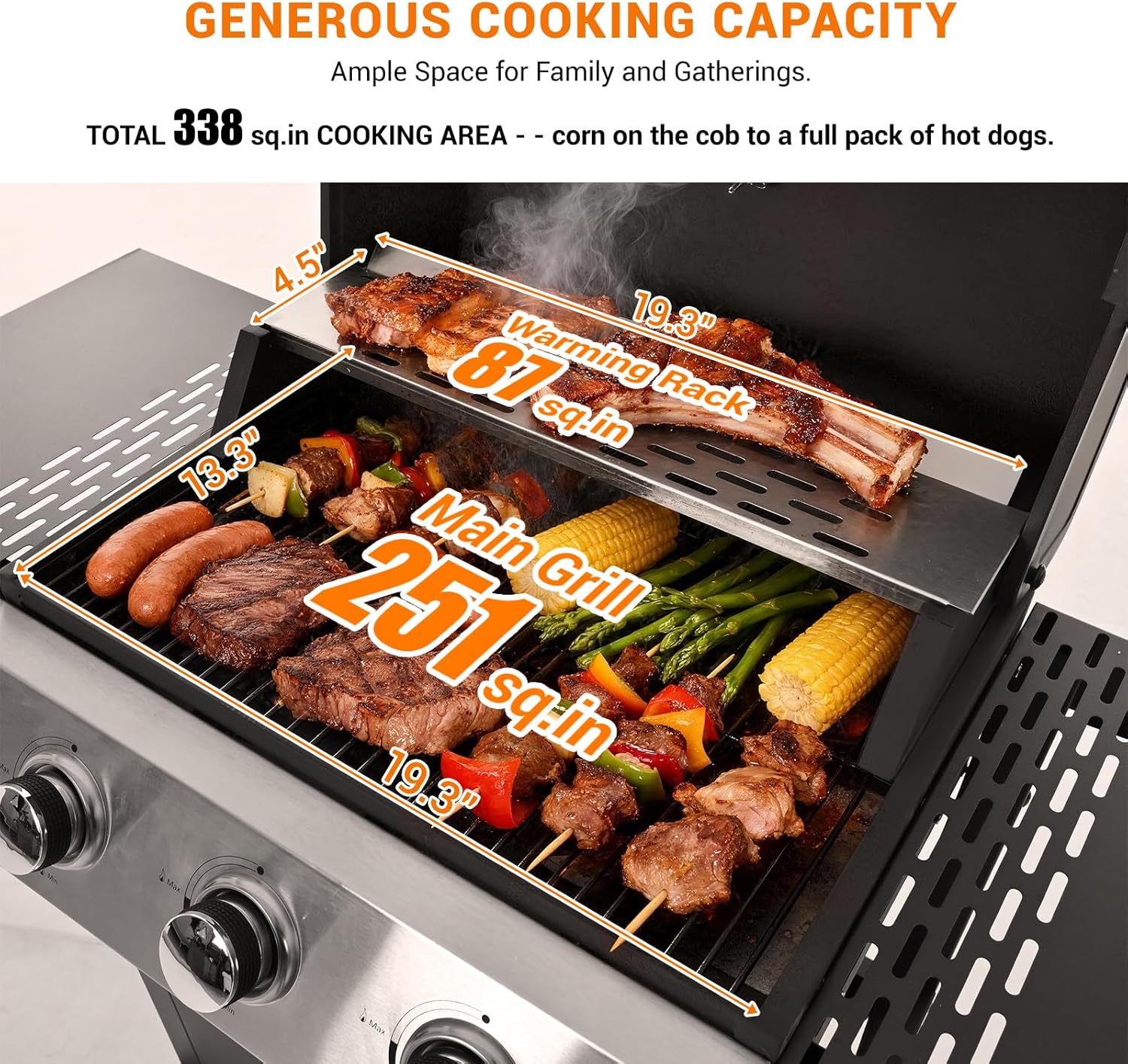 Stainless Steel 3-Burner Gas Grill, 25650 BTU Outdoor BBQ Grill with Side Table, 338 sq.in Cooking Area, Perfect for Patio, Deck & Family Barbecues