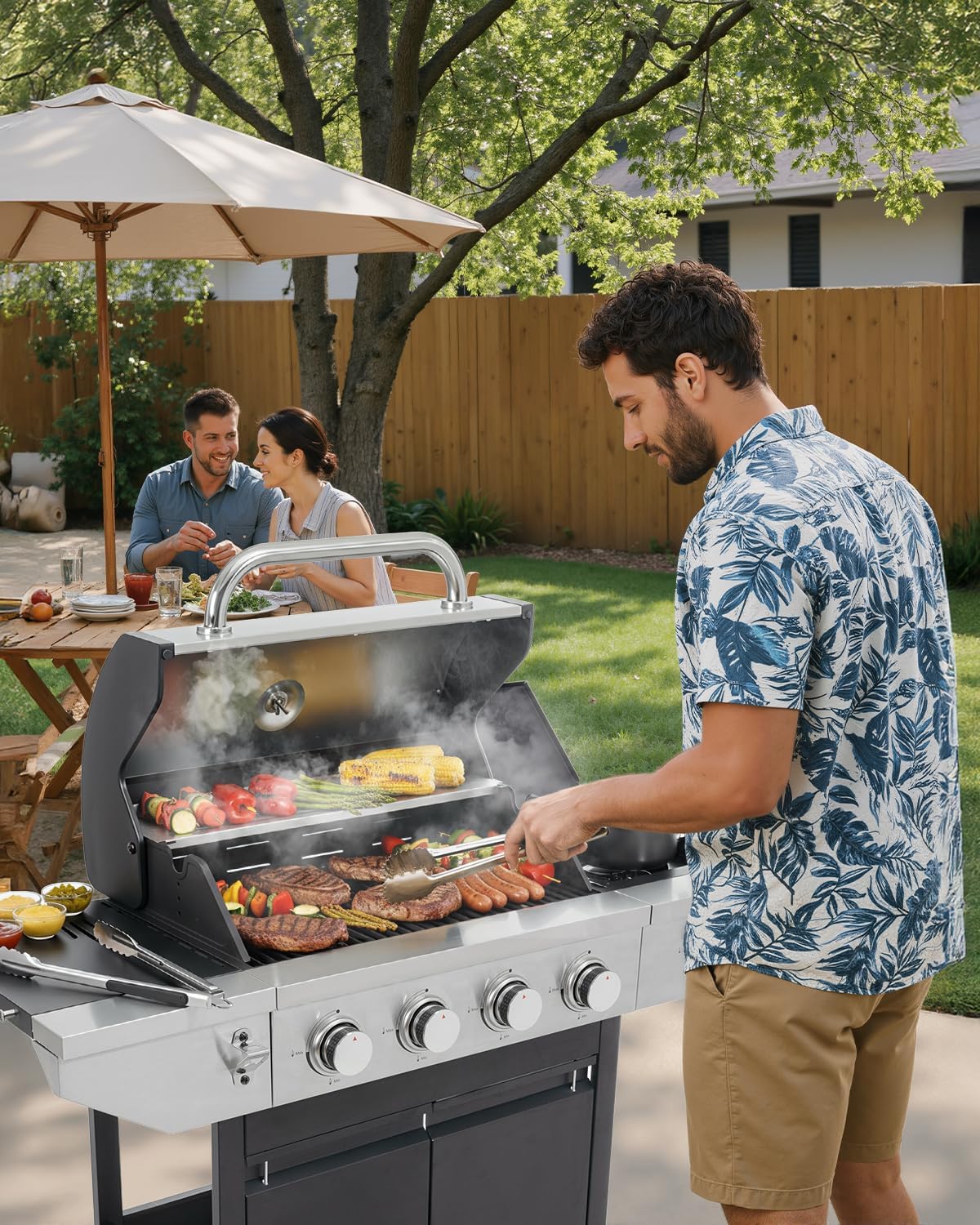 4-Burner Propane Gas BBQ Grill with Side Burner, 46,500 BTU Output Stainless Steel Barbecue Grill with Enameled Cast Iron Grates and Side Tables for Outdoor Cooking Kitchen and Patio Backyard