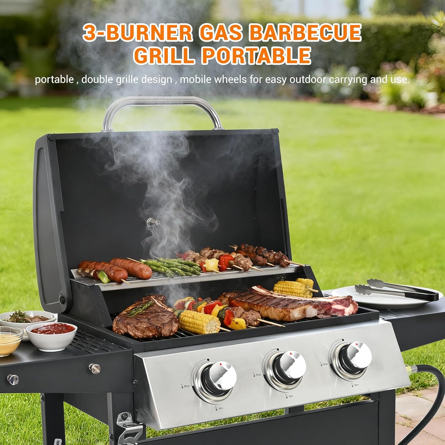 Stainless Steel 3-Burner Gas Grill, 25650 BTU Outdoor BBQ Grill with Side Table, 338 sq.in Cooking Area, Perfect for Patio, Deck & Family Barbecues