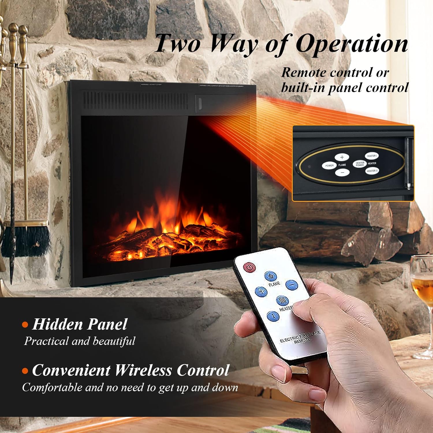 COSTWAY 22.5-Inch Electric Fireplace Inserts, 1500W Wall Recessed and Freestanding Decorative Fireplace with Remote, 7 Brightness Settings, Overheat Protection, Fireplace Heater for Indoor Use