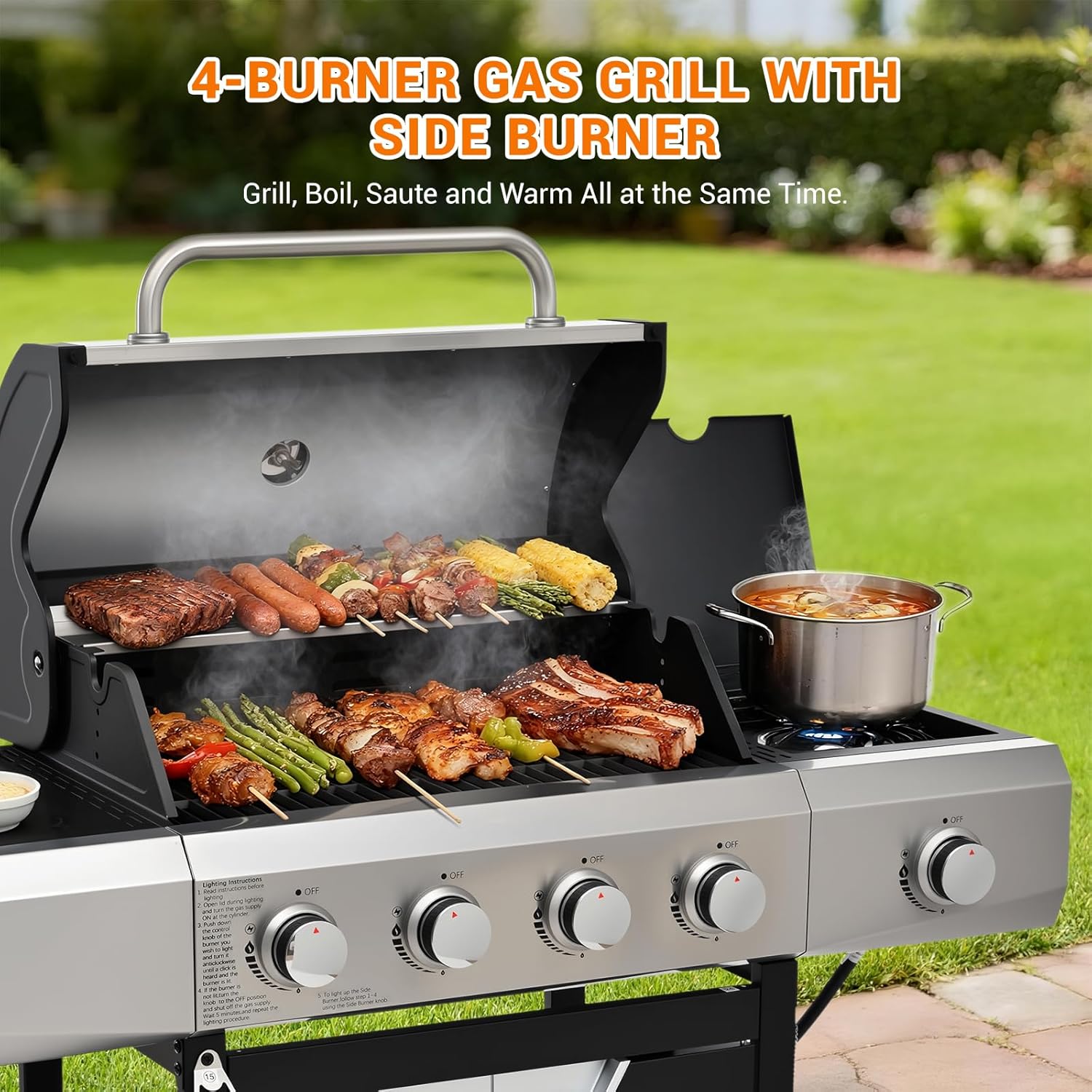 EUHOME Upgraded 51,000 BTU Stainless Steel Burner Barbecue Grill, 4 Burner BBQ Propane Gas Grill with Side Burner, 452 sq.in Cooking Area with Porcelain for Patio, Camping, Outdoor Cooking