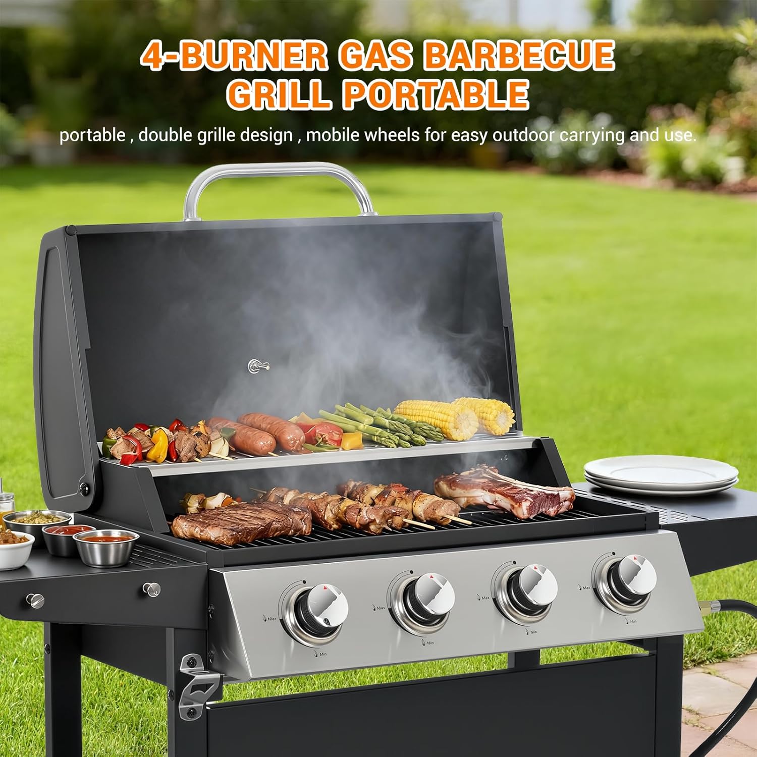 4-Burner Gas Grill with Side Burner & Cover, 51000 BTU Stainless Steel Outdoor BBQ Grill, 452 sq.in Cooking Area, Ideal for Backyard, Patio Large Gatherings