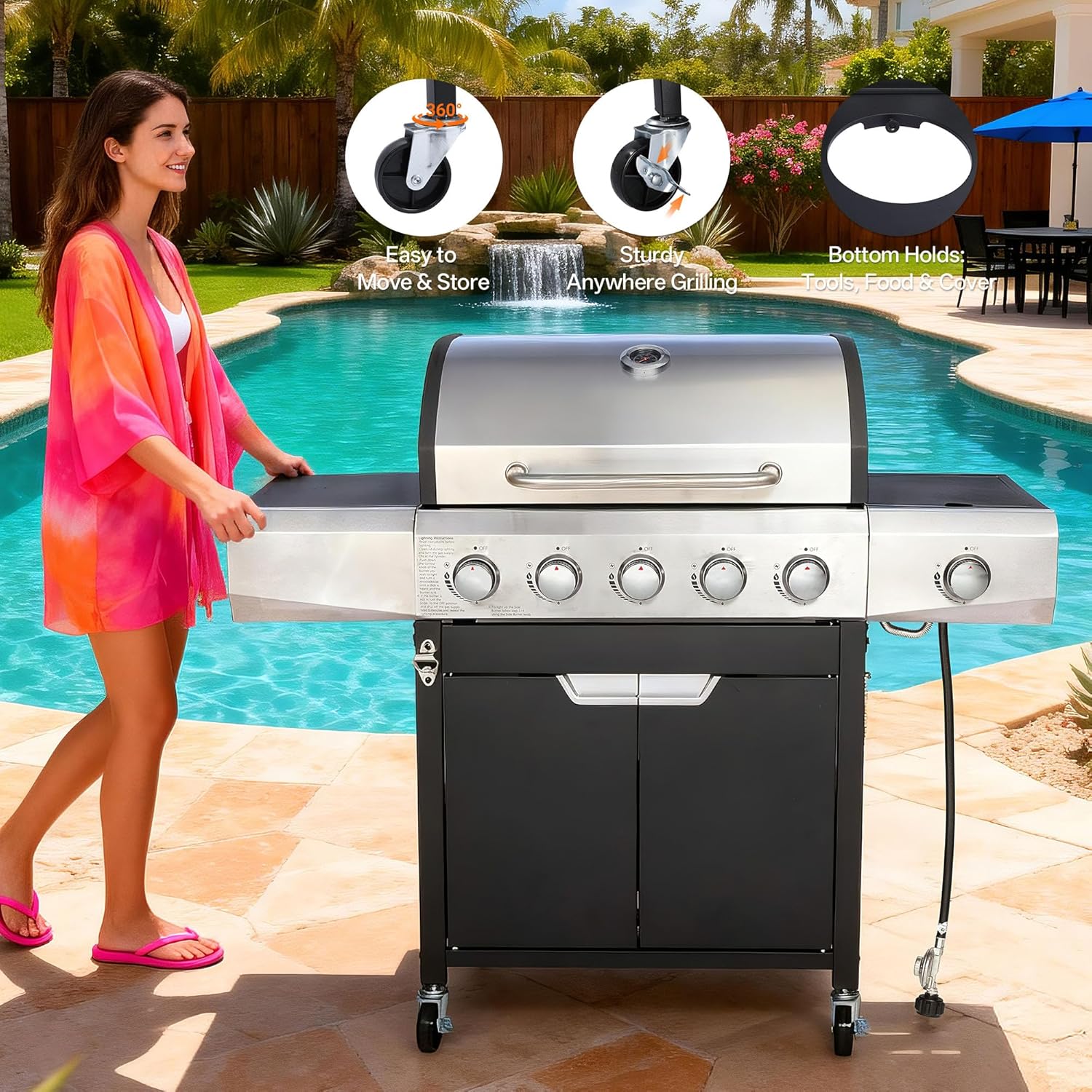 Endark 5-Burner 58,500 BTU Outdoor Propane Gas Grill with Side Burner, Stainless Steel & Porcelain Grates, Wheeled BBQ Grill for Patio, Garden, Backyard