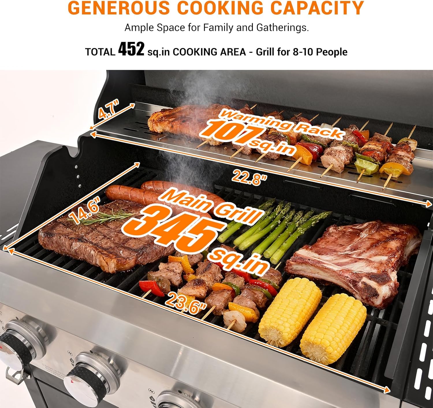 EUHOME Upgraded 51,000 BTU Stainless Steel Burner Barbecue Grill, 4 Burner BBQ Propane Gas Grill with Side Burner, 452 sq.in Cooking Area with Porcelain for Patio, Camping, Outdoor Cooking