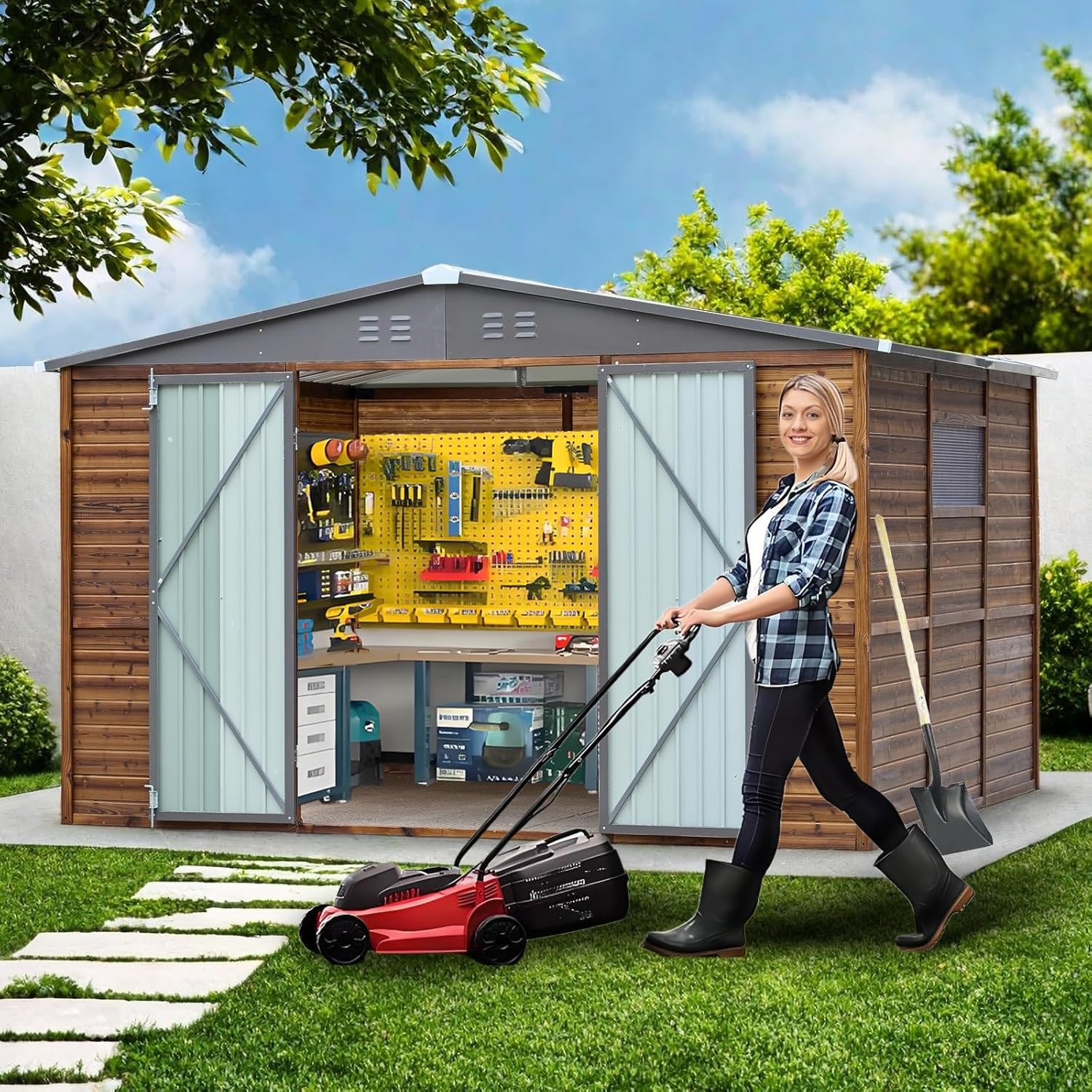 8 * 10FT Endark Wood Heavy-Duty Metal Storage Shed with Lockable Sliding Doors