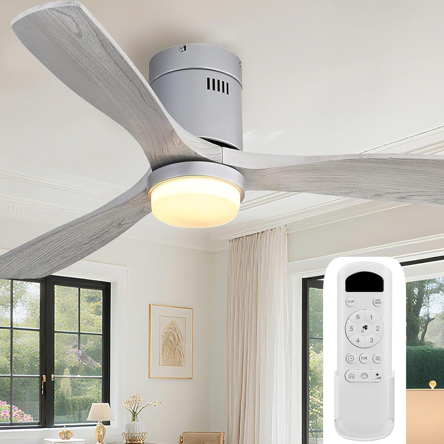 Sofucor 52 Inch Solid Wood Ceiling Fan Without Lights Flush Mount Ceiling Fan with Remote Control-Wood Blades Modern Outdoor Ceiling Fans No Light for Bedroom/Farmhouse/Patio/Indoor, Brown Black