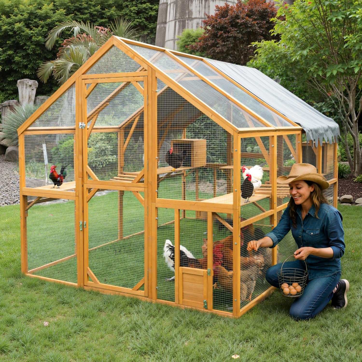 Walk-in Chicken Coop Outdoor with Waterproof Cover, 110" Large Cat Enclosure for Outdoor, Wooden Kitten Playpen with Galvanized Wire Mesh, 2 Small Doors & Safety Lock