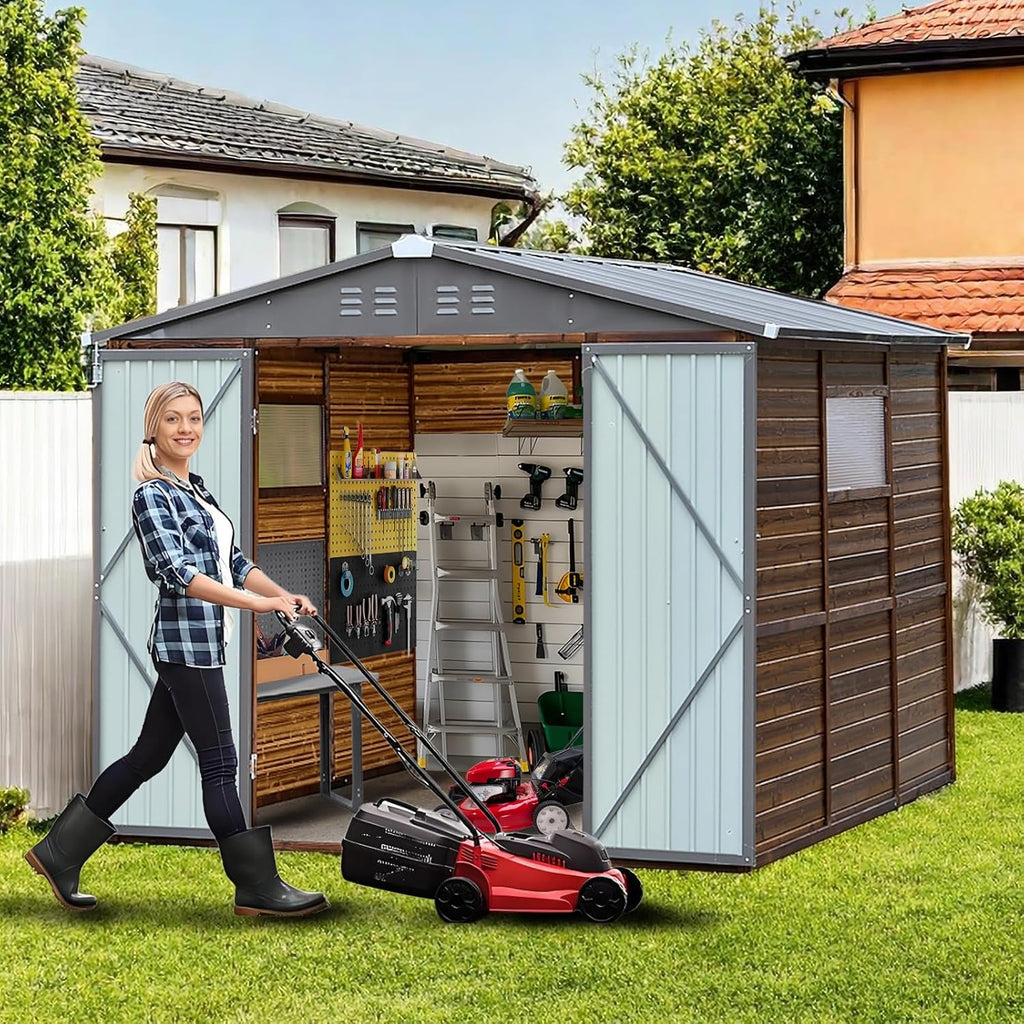 8 * 8FT Endark Wood Heavy-Duty Metal Storage Shed with Lockable Sliding Doors