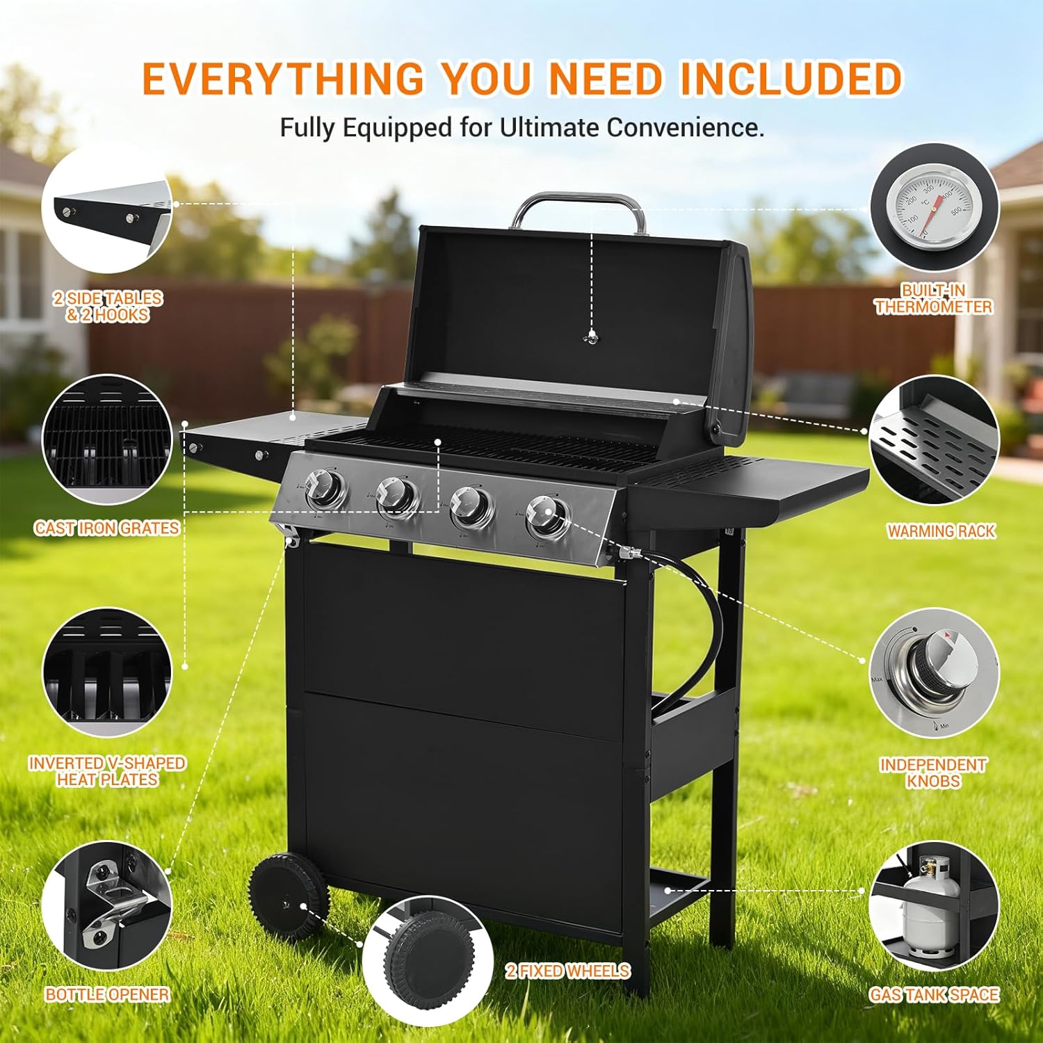 4-Burner Gas Grill with Side Burner & Cover, 51000 BTU Stainless Steel Outdoor BBQ Grill, 452 sq.in Cooking Area, Ideal for Backyard, Patio Large Gatherings