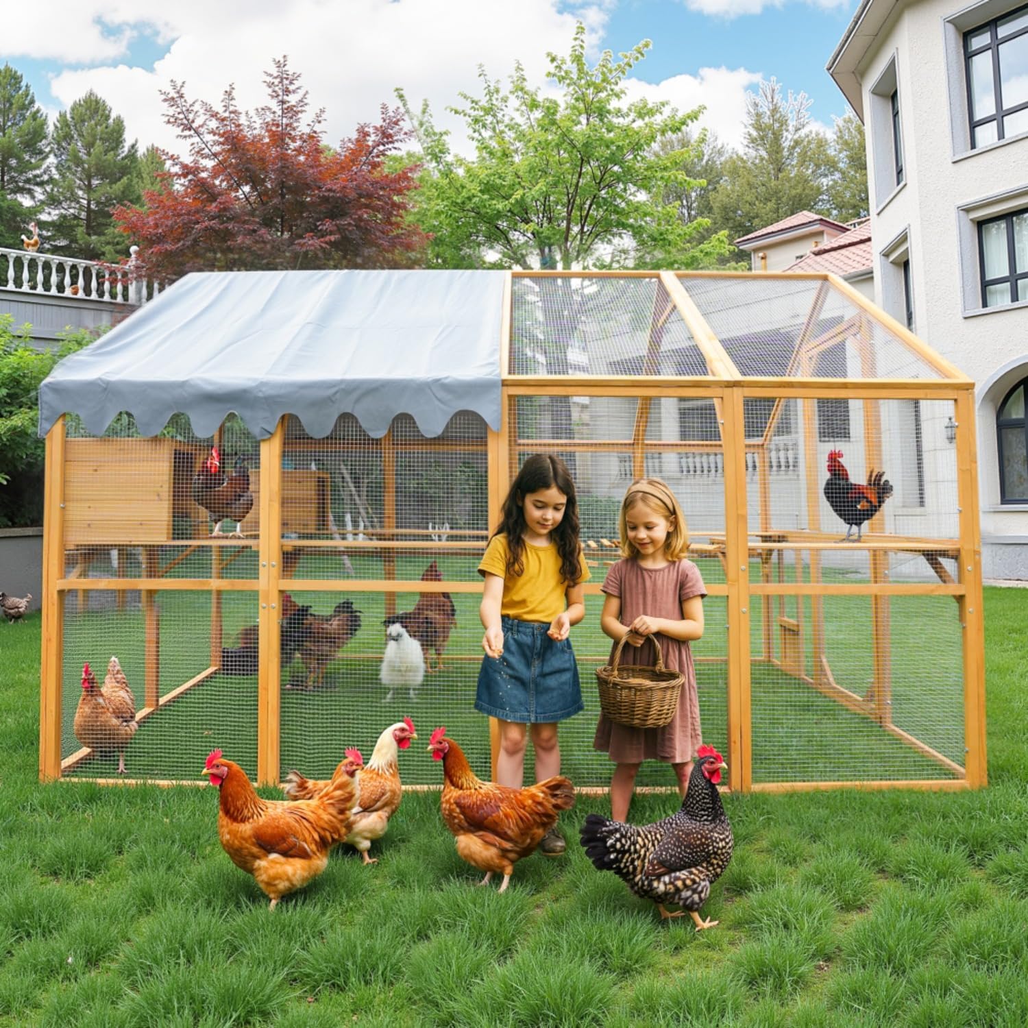 Walk-in Chicken Coop Outdoor with Waterproof Cover, 110" Large Cat Enclosure for Outdoor, Wooden Kitten Playpen with Galvanized Wire Mesh, 2 Small Doors & Safety Lock
