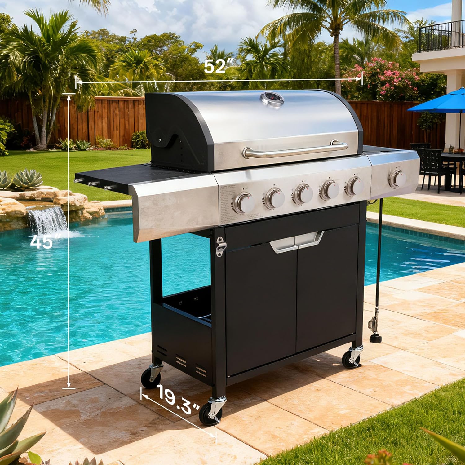 Endark 5-Burner 58,500 BTU Outdoor Propane Gas Grill with Side Burner, Stainless Steel & Porcelain Grates, Wheeled BBQ Grill for Patio, Garden, Backyard