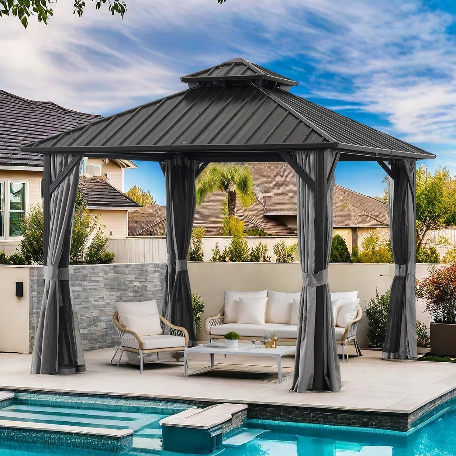 10 * 10FT Gazebo with Galvanized Steel Double Top Canopy