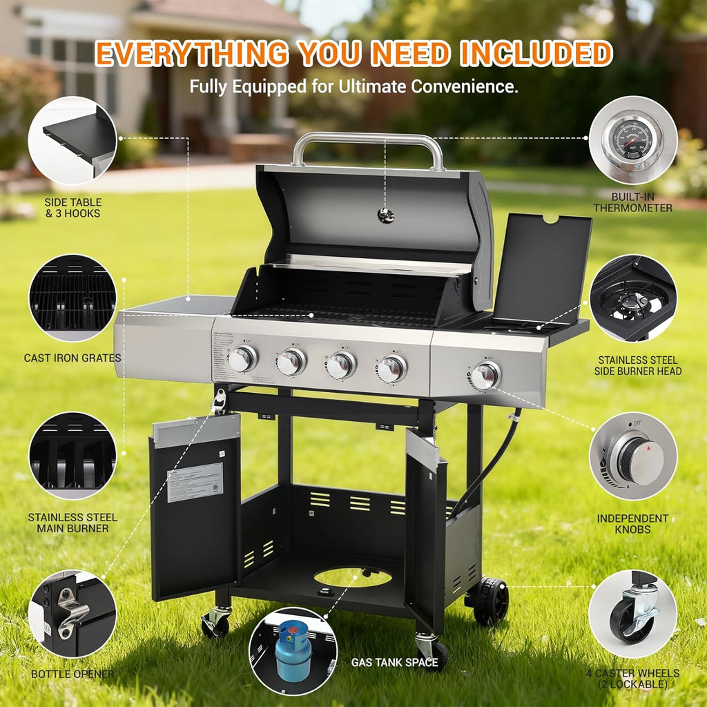 EUHOME Upgraded 51,000 BTU Stainless Steel Burner Barbecue Grill, 4 Burner BBQ Propane Gas Grill with Side Burner, 452 sq.in Cooking Area with Porcelain for Patio, Camping, Outdoor Cooking