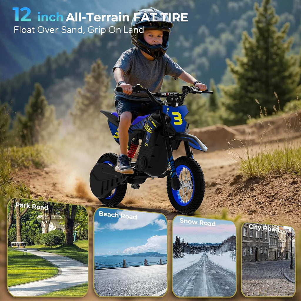 DK-12 Electric Dirt Bike for Kids Ages 3-10, 700W Peak Motor Electric Motorcycle Up to 15.5MPH 36V Battery 14 Mile Long-Range, 12'' Air Tires,3-Speed Modes Electric Bike for Kids