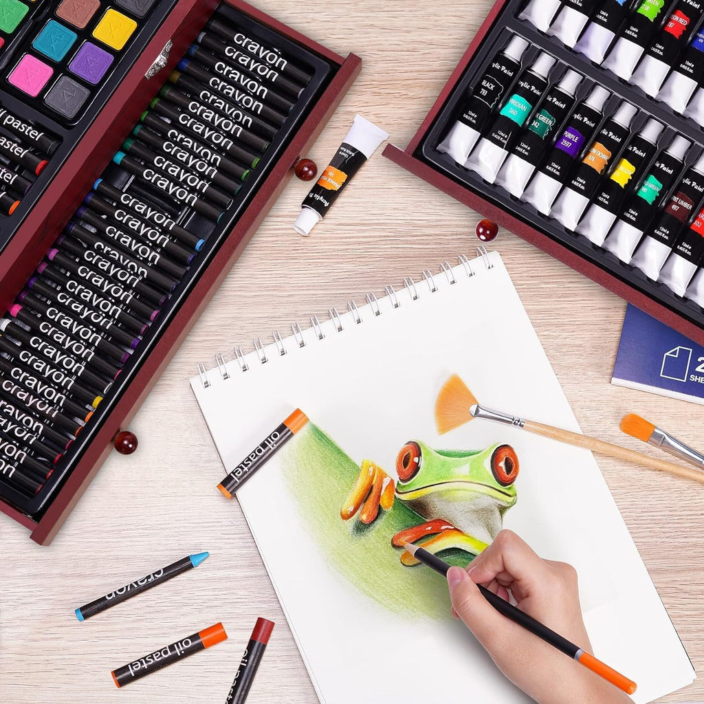 Deluxe Art Set with 2 Drawing Pads, Crayons, Acrylic Paints, Colored Pencils Set in Wooden Case, Professional Art Kit for Adults, Artist and Teens, Paint Supplies