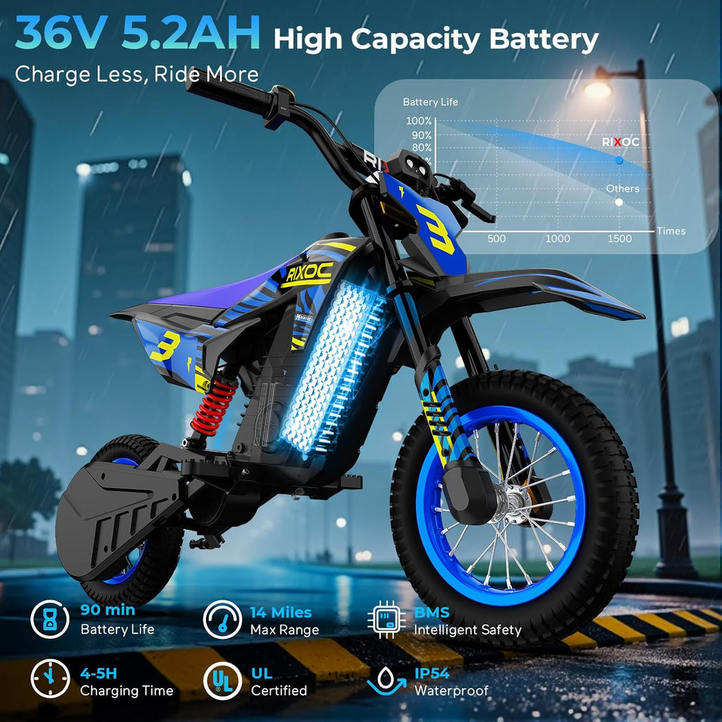 DK-12 Electric Dirt Bike for Kids Ages 3-10, 700W Peak Motor Electric Motorcycle Up to 15.5MPH 36V Battery 14 Mile Long-Range, 12'' Air Tires,3-Speed Modes Electric Bike for Kids