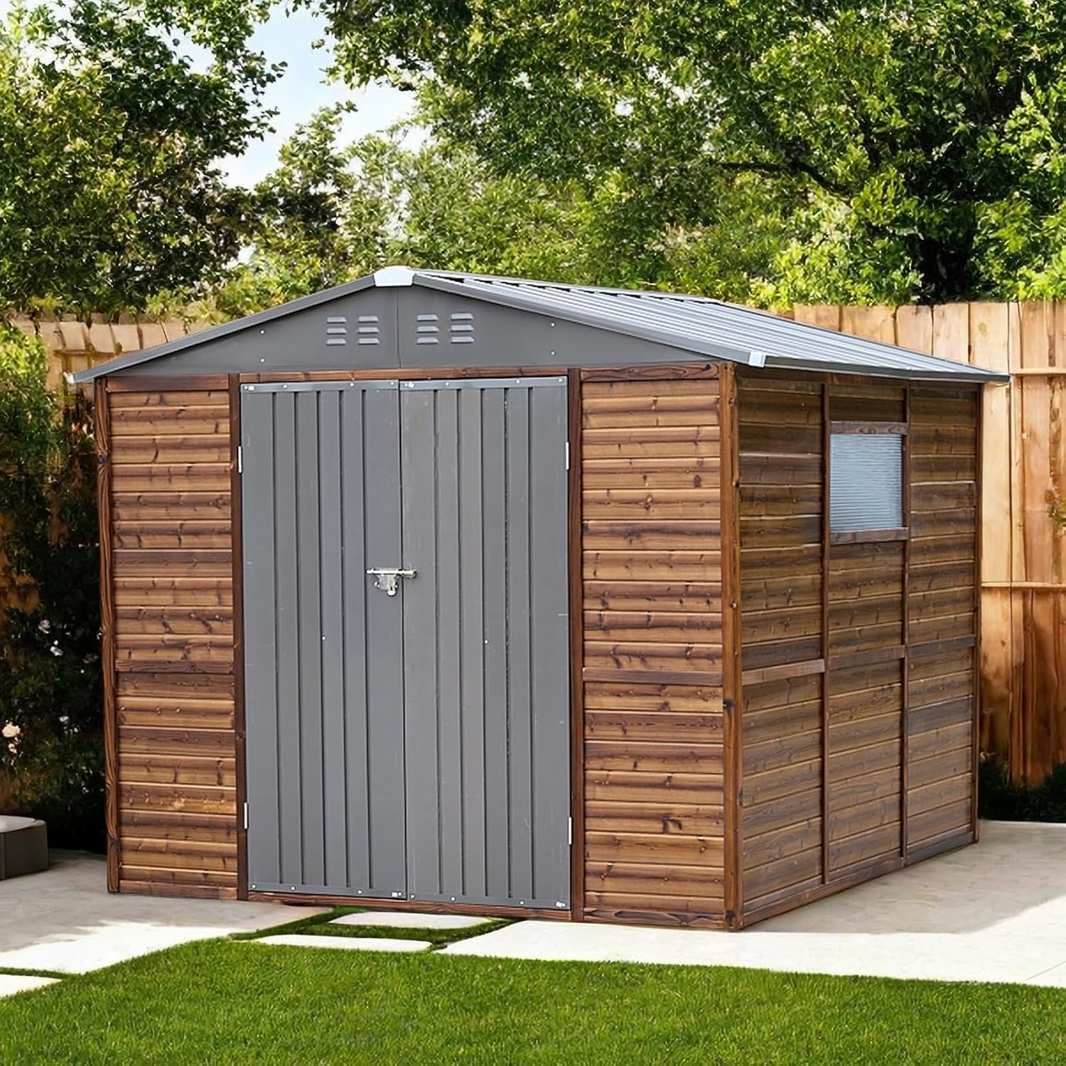 8 * 8FT Endark Wood Heavy-Duty Metal Storage Shed with Lockable Sliding Doors