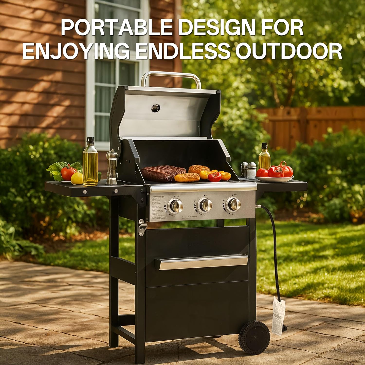 Endark 3-Burner Propane Gas Grill,Heavy Duty Freestanding Outdoor BBQ Barbecue Stainless Steel Lid,Large Cooking Area,Side Shelves &amp; Storage Cabinet,Portable Patio Backyard Camping
